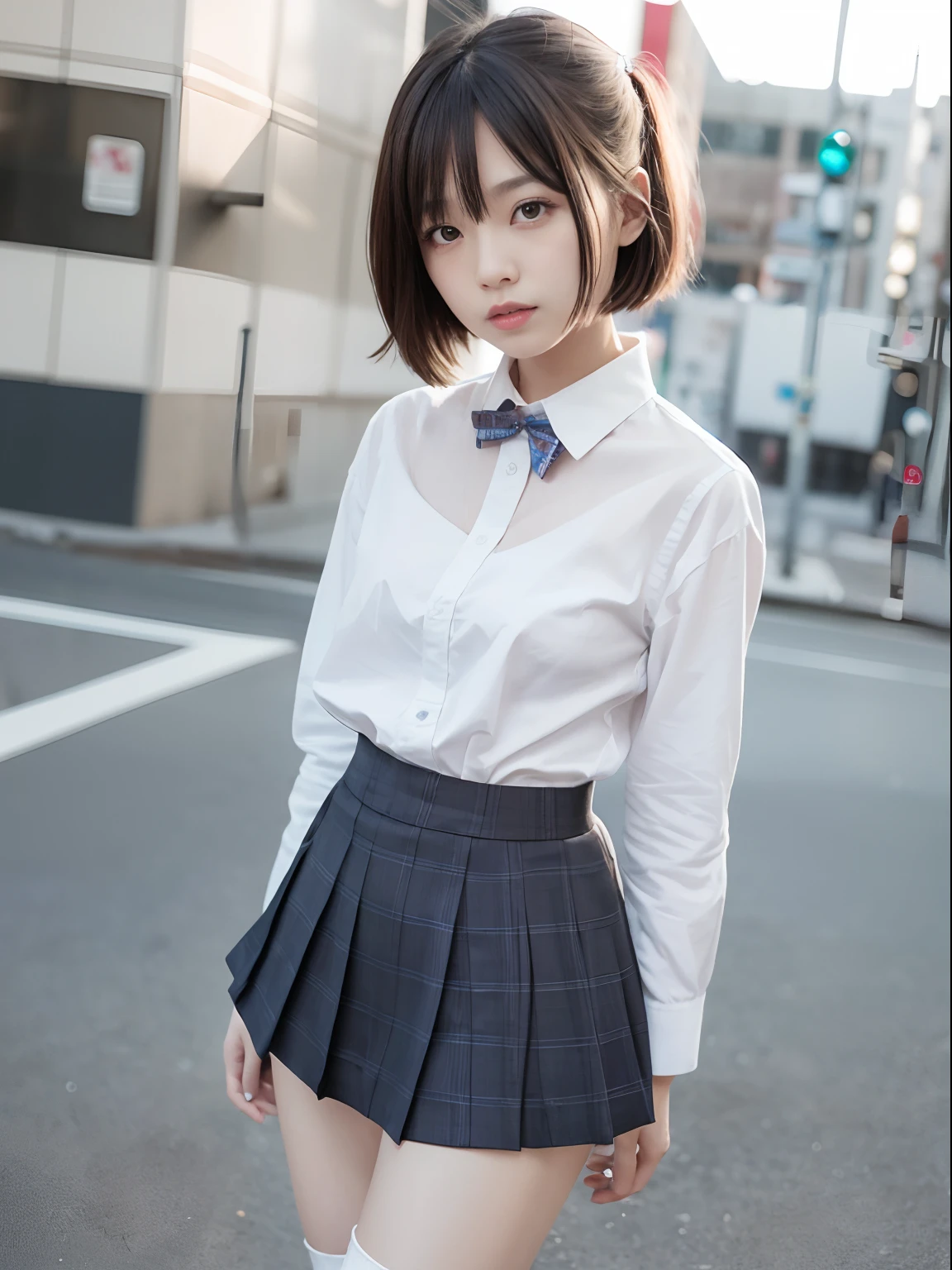 1girl, Solo, 20s, Ultra Realistic, Masterpiece, Sharp Focus, Super Detail, Absurdity, High Resolution, Dynamic Lighting, 50mm Portrait, City, Night, Neon, Cute, Slender, Glossy Skin, Delicate Face, Sexy Expression, White Shirt, Blue Tie, Bob Cut Hair, Pleated Skirt, (((Skirt Up: 1.3))), (((White panties visible))),