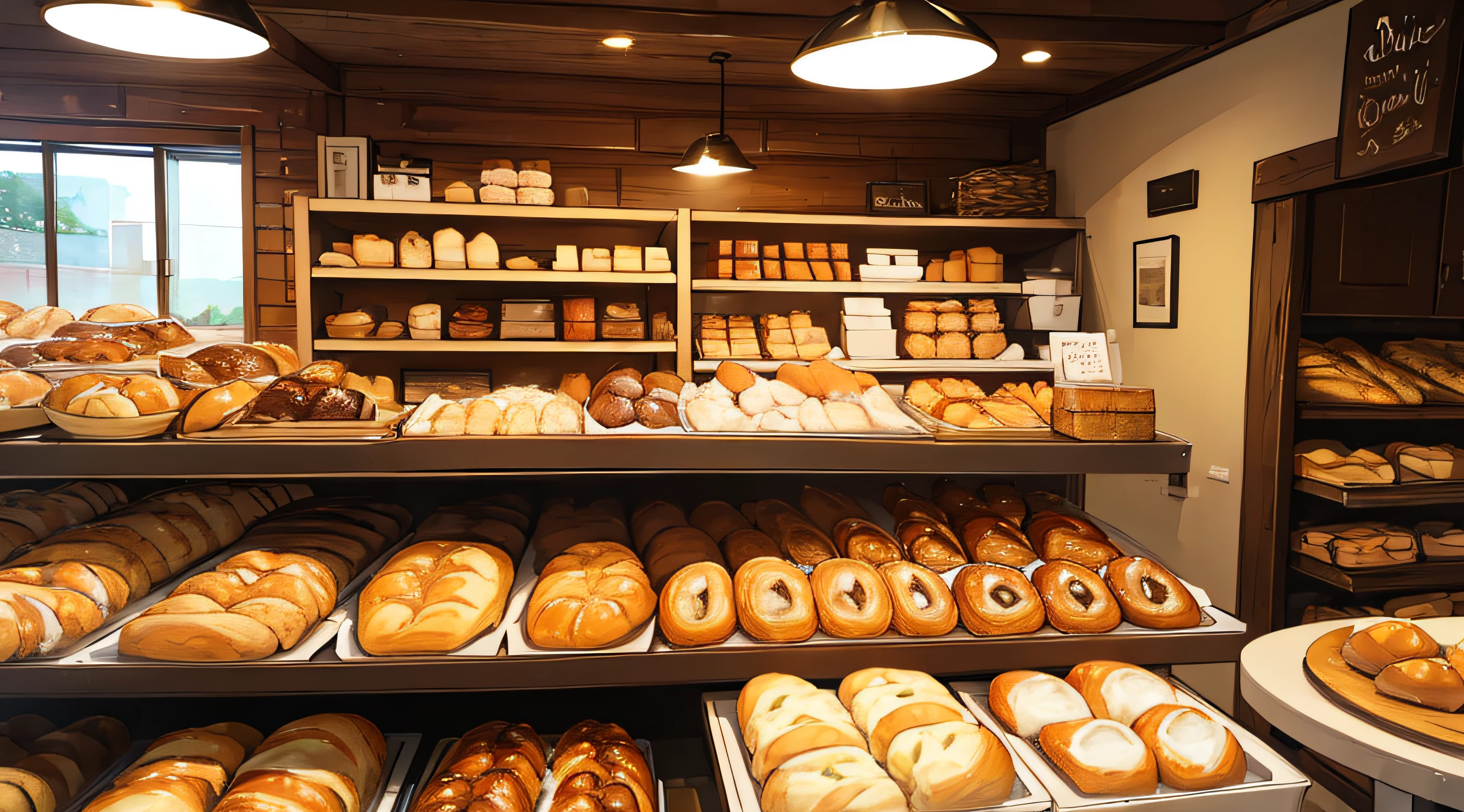 ((Masterpiece)), ((Best Quality)), A warm, rustic bakery scene with an assortment of freshly baked bread and pastries displayed on wooden shelves.