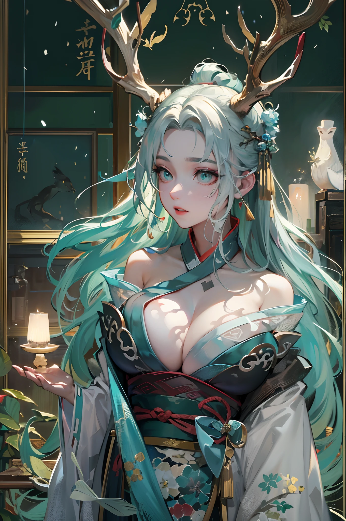 Depressing text,Dragon's horn,deer antlers,Portrait,Realistic effect,Female pervert,White-haired girl,Messy hair,Ancient wind,cyan colors,cyan colors,Cyan Hanfu(Delicate and mysterious antique patterns),high-heels,The expression after the climax,winning artwork,Silhouette effect,Epic composition,Stand in front of a window with falling snow(Ancient wind),(Antique background)Need,8K,The human body light and shadow effect is three-dimensional,Delicate face,(in the darkness nigth:1.6),Fantasyart,photographrealistic,动态照明,art stations,poster for,Volumetriclighting,Very detailed faces,4 k'',Award-Awarded, low tune, Cowboy shot, (Hanfu:1.4), long whitr hair,(Super huge))),(((Super huge breasts))),(cleavage)