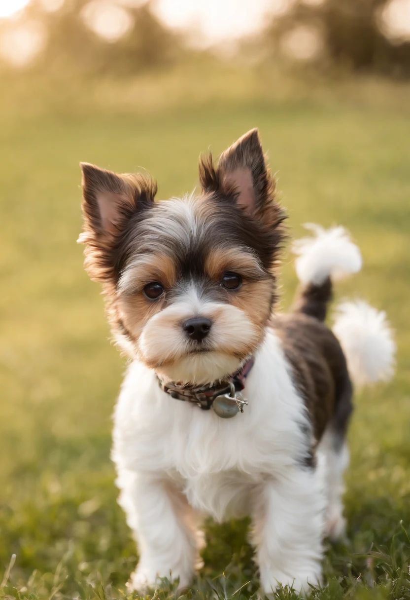 Faca um cao da raca Biewer terrier a la pom pom brincando com uma bolinha