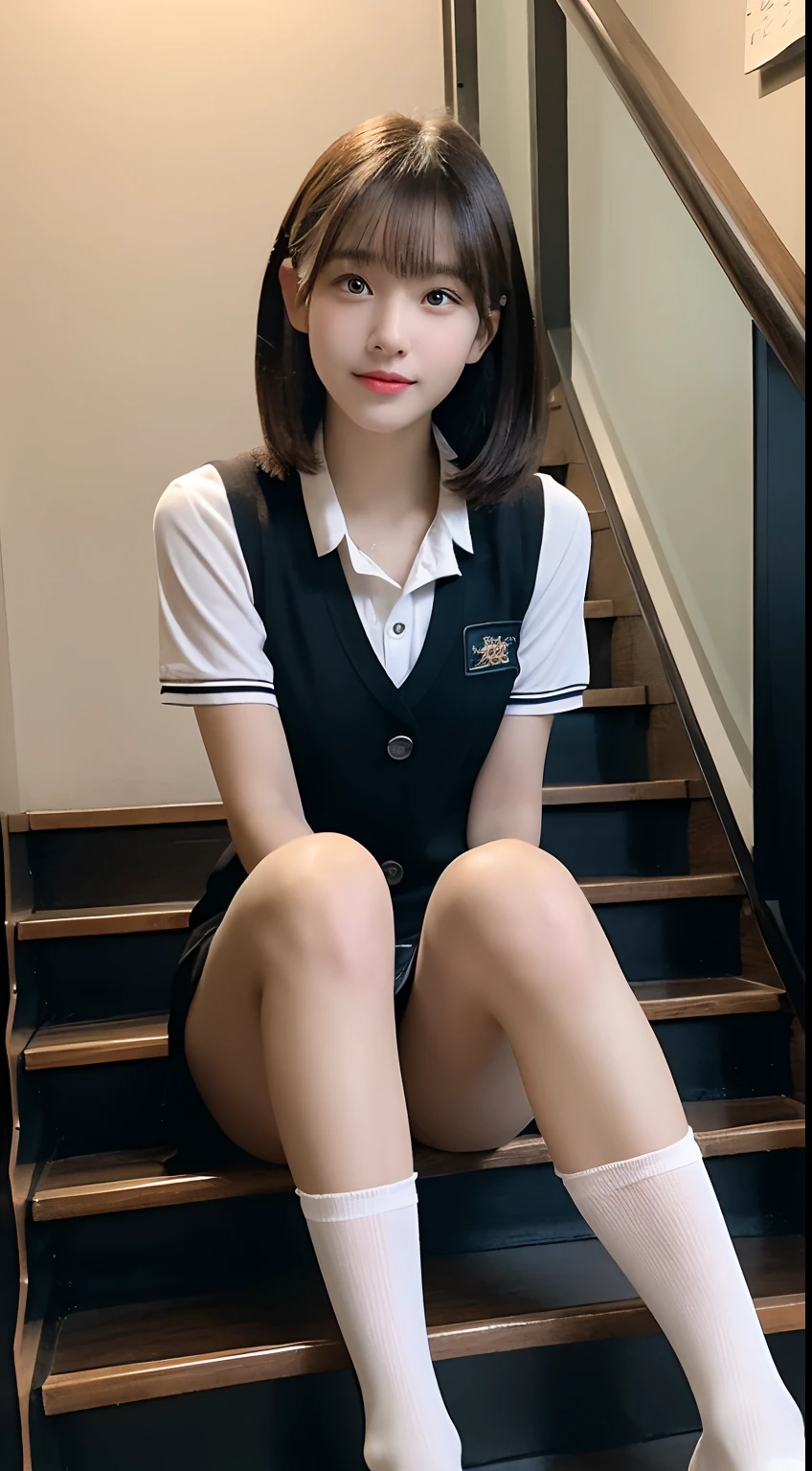 (((32k,high detal,high-detail、masterpiece,Attention to detail,full body Esbian,独奏))),Raw photo & realistic atmosphere,beautiful dark blue eyes,Detailed mouth,Glossy lips,Detailed eyebrows,Eyes drawn in detail with soft white skin that shines in every detail、azure eyes,Very beautiful eyes,Detailed lips、Very beautiful face,Very well-formed face、Lifelike face,shiny beautiful lips, Realistic Young Gravure Idol, very beautiful school girl, ,Moderately beautiful, Young Sensual Gravure Idol, Young Gravure Idol, Beautiful, Cute and sexy15 old schoolgirl,the whole body is wet,dripped out,with a flushed face,Incredibly beautiful15-year girlort-cut,Brown shiny hair,Hair is wet,Dripping water,dripping,Crouching on the stairs with your legs open,(Black pantyhose,Beautiful fece,Looking at the camera:1.4),(Cross your legs in black pantyhose,The chest of the uniform is open,darkness,Very dark,Pitch-black staircase without street lights,Illuminate the subject with a flashlight,spot light:1.7),(A sexy,Slightly chubby,High Detail HDTV Japan HDTV High Definition Girl Uniform,well-shaped breasts,,Mature body, I'm anxious and about to cry,Moist eyes,cold smile,glareing,The glaring face is also beautiful:1.5),(Open your legs randomly:1.7)