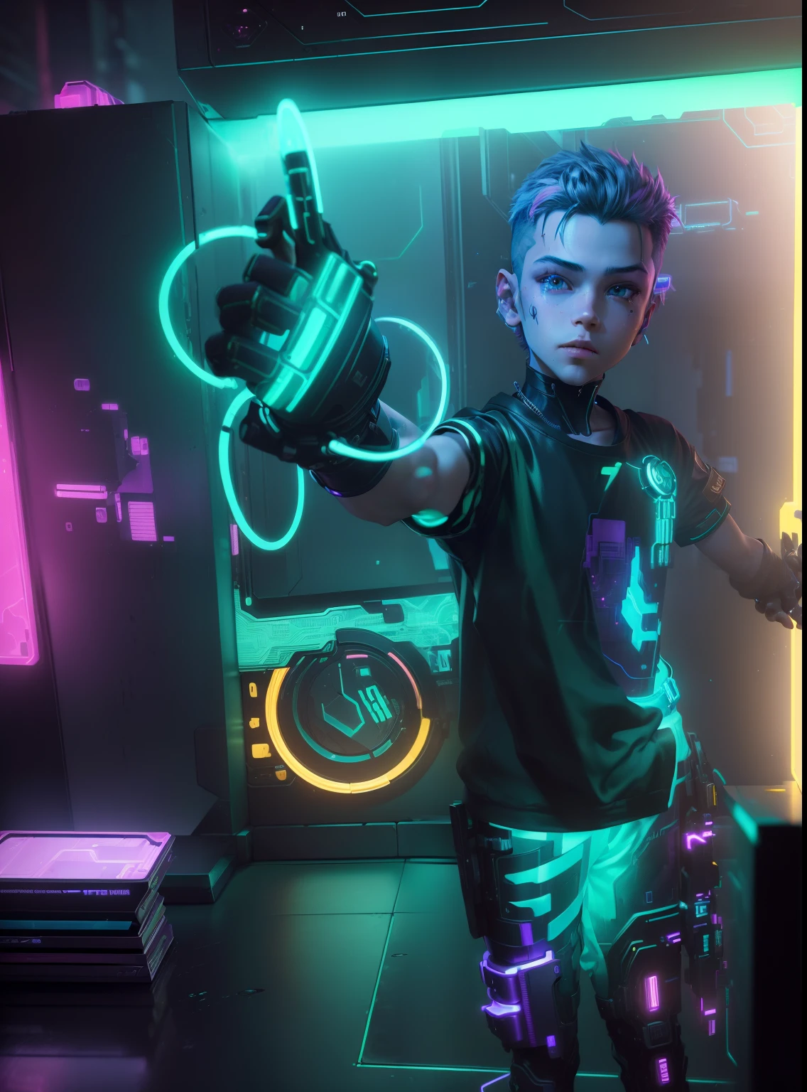 Boy kind (masterpiece, detailed, highres:1.4), cyberpunk, cyberpunk 2077, neon cyberpunk night city background, metallic cybernetic silver hand in the foreground in frame, green-blue glitch effect around the hand, purple-pink neon glow