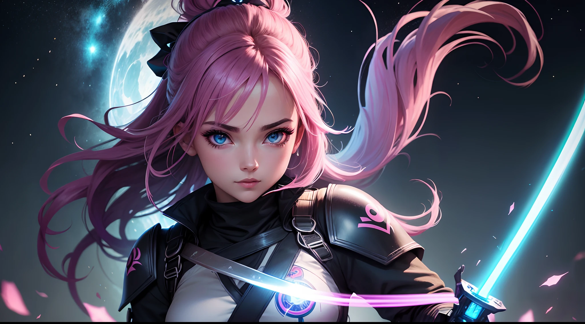 Mulher ninja com fone de ouvido sentido paz, olhos brilhantes com estrela, rosto bonito, RGB cores, cabelo rosa brilhante, Anime colorido, fundo brilhante, Banner for youtube video, menina feliz, clouds with RGB cores, bright RGB cores, completar, ser celestial, Gamer girl with a sword in her hand.