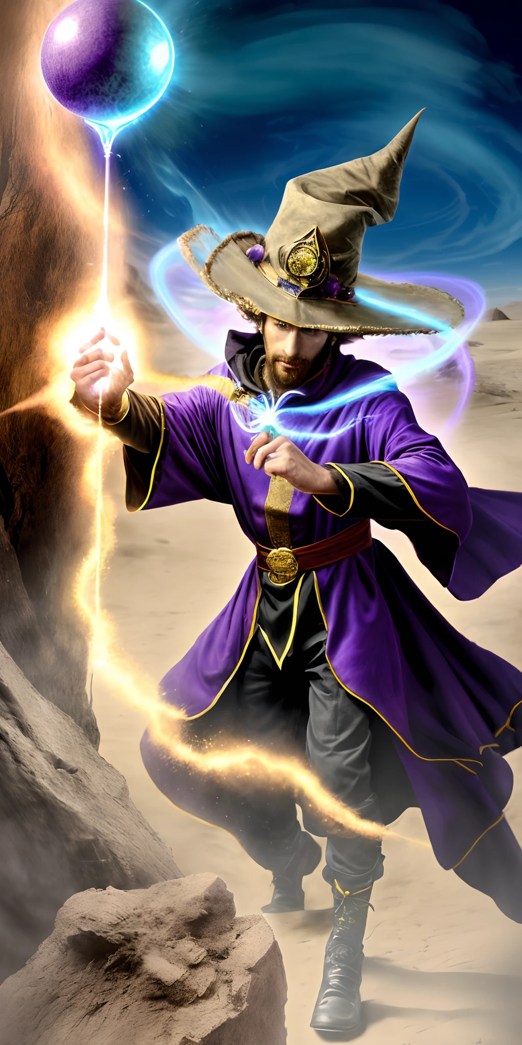 Ultra realista, Wizard Arafed in purple robe with a glowing ball in his hand, an arcane wizard casting a spell, wizard casting a spell, spell casting wizard, mago masculino, mago da fantasia, mago lutando contra um golem, sorcerer magic witch, Retrato de um bruxo, Deserto Fighter Mago Antigo, retrato closeup de um mago, feiticeiro de areia