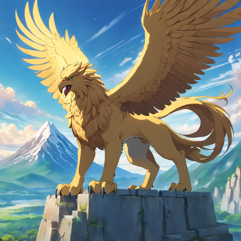 Gryphon, mythological creatures, Majestic, Powerful wings, Lion body, Eagle head, Fierce gaze, Sharp claws, feater, Golden beak, Large size, Flying, Mountains, Cloudy sky, Ancient ruins, Fantasy realm, mythological landscape, Epic, magical, mythological creatures, mythological beasts, Fierce, Mythical monsters