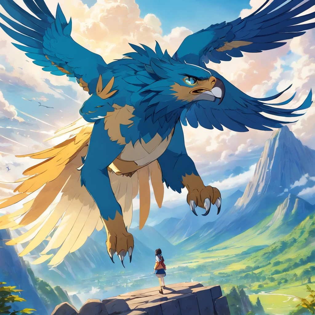 Gryphon, mythological creatures, Majestic, Powerful wings, Lion body, Eagle head, Fierce gaze, Sharp claws, feater, Golden beak, Large size, Flying, Mountains, Cloudy sky, Ancient ruins, Fantasy realm, mythological landscape, Epic, magical, mythological creatures, mythological beasts, Fierce, Mythical monsters