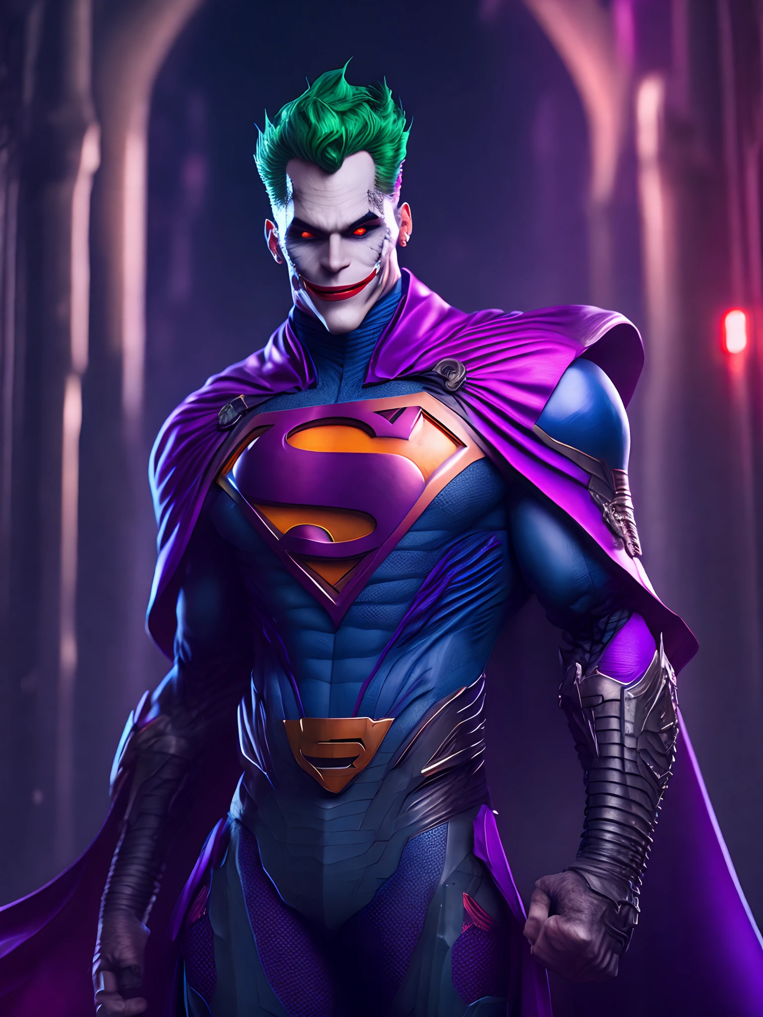 Portrait, Flash Joker from DC, Biomechanical, Complex Robot, Full Growth, Hyper Realistic, Insane Fine Details, Extremely Clean Lines, Cyberpunk Aesthetic, Masterpiece Featured at Zbrush Central, Gothic Brutalist Cathedral, Cyberpunk, Award-Winning Photo, Bokeh, Neon Lights, Cybernetic Limb
