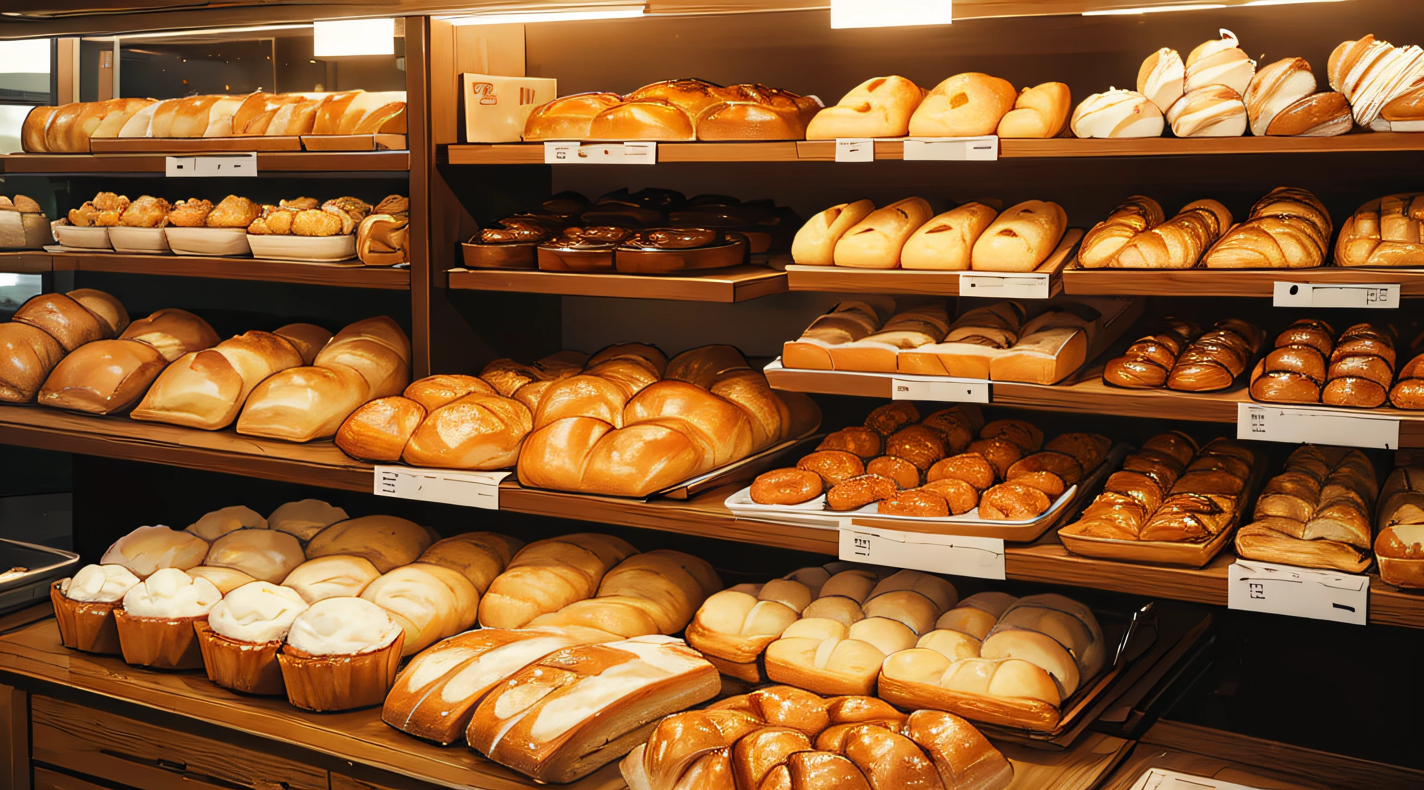((Masterpiece)), ((Best Quality)), A warm, rustic bakery scene with an assortment of freshly baked bread and pastries displayed on wooden shelves.