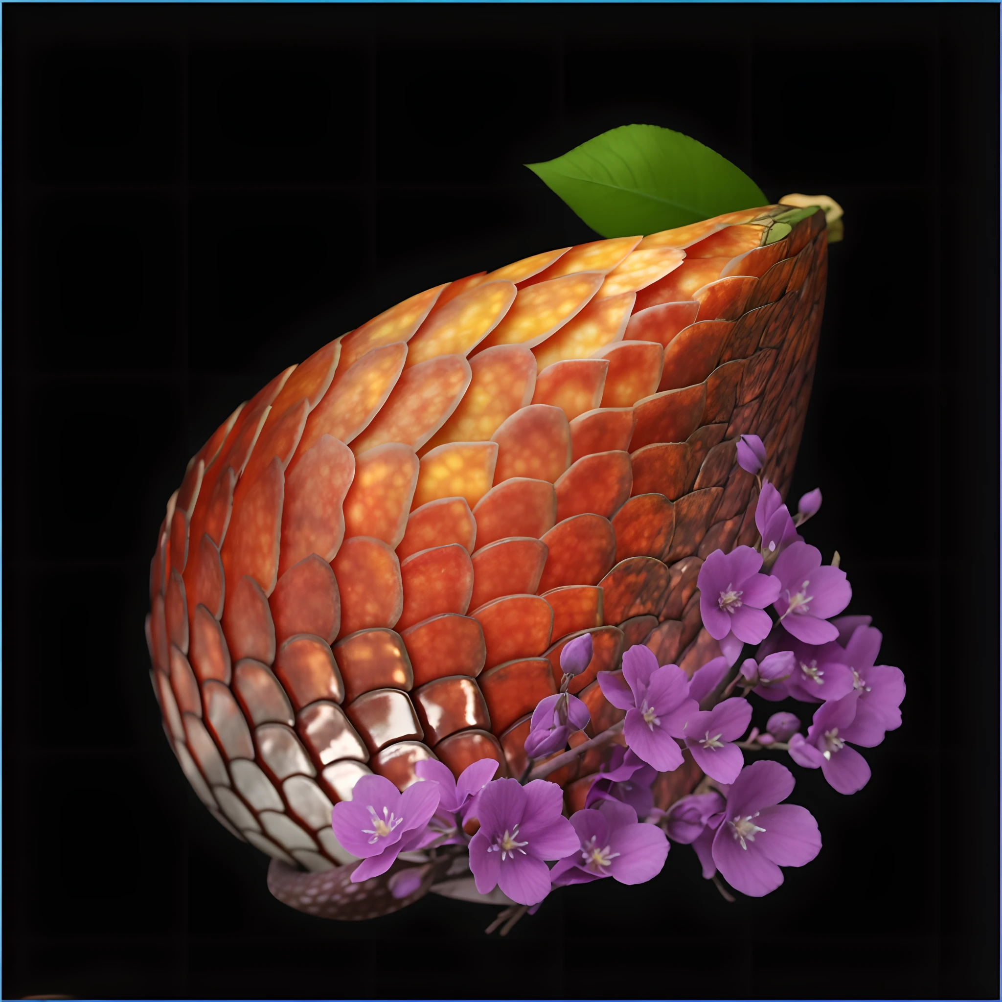 Close up of fruits and flowers，The real snakeskin fruit is shaded by purple flowers in front，Real materials，8k，Best results