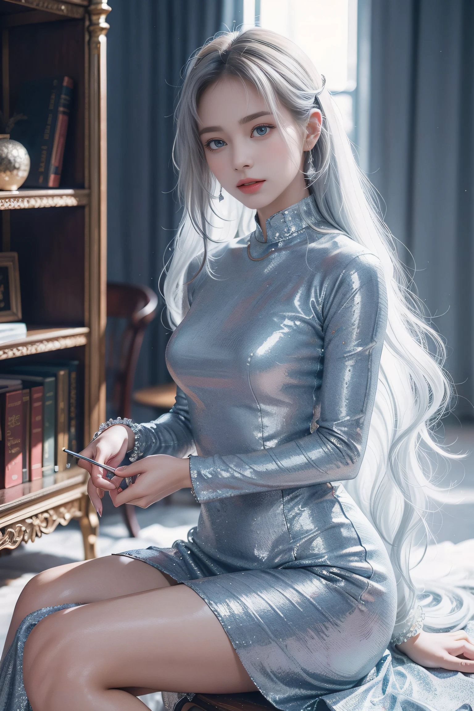 Top quality work,Photorealistic works,Ultra Premium Graphics,8K HD CG works,High-quality graphics,High-definition fine CG works,10x pixel,Ultra-fine details:1.1,Advanced technical details:1.1Photographically realistic,Indoor lighting effects:1.5,Natural light:1.5. light effect(Virtual Light Effects:1.8),超A high resolution,Shiny Blue Dress,Long silver hair,Silver hair,Transparent hair,High Detail Hair(Premium Hair Detail:1.1)Clear eyes,Good looking double eyelids,Sharp eye makeup, Delicate makeup for eyelashes, Thin eyebrows, ultradetailed eyes,High Nose, lovely red lips, Rose cheeks, Face with delicate makeup , Pretty Face, A perfectly proportioned face,(Advanced facial details:1.1)Collection of shiny blue luxury dresses,Blue Sequin Dresses,Sequin coat,shiny,Tight long skirt,Summer Sexy Hip Wrap Fishtail Sleeveless Commuter Maxi,Horse Stockings 100%Oil Gloss Panst Gloss Silk Luster 8D Black Silk Woman,stiletto heels,mitts,Beautiful long dresses,wonderful dress,Bright Red Series,Haute Couture Dresses Collection,Dress Photography,Authentic dress works,In the banquet hall,Women's Artwork,full-body view,Goddess of Dress,真实感,amazing,Today's eyes are bright