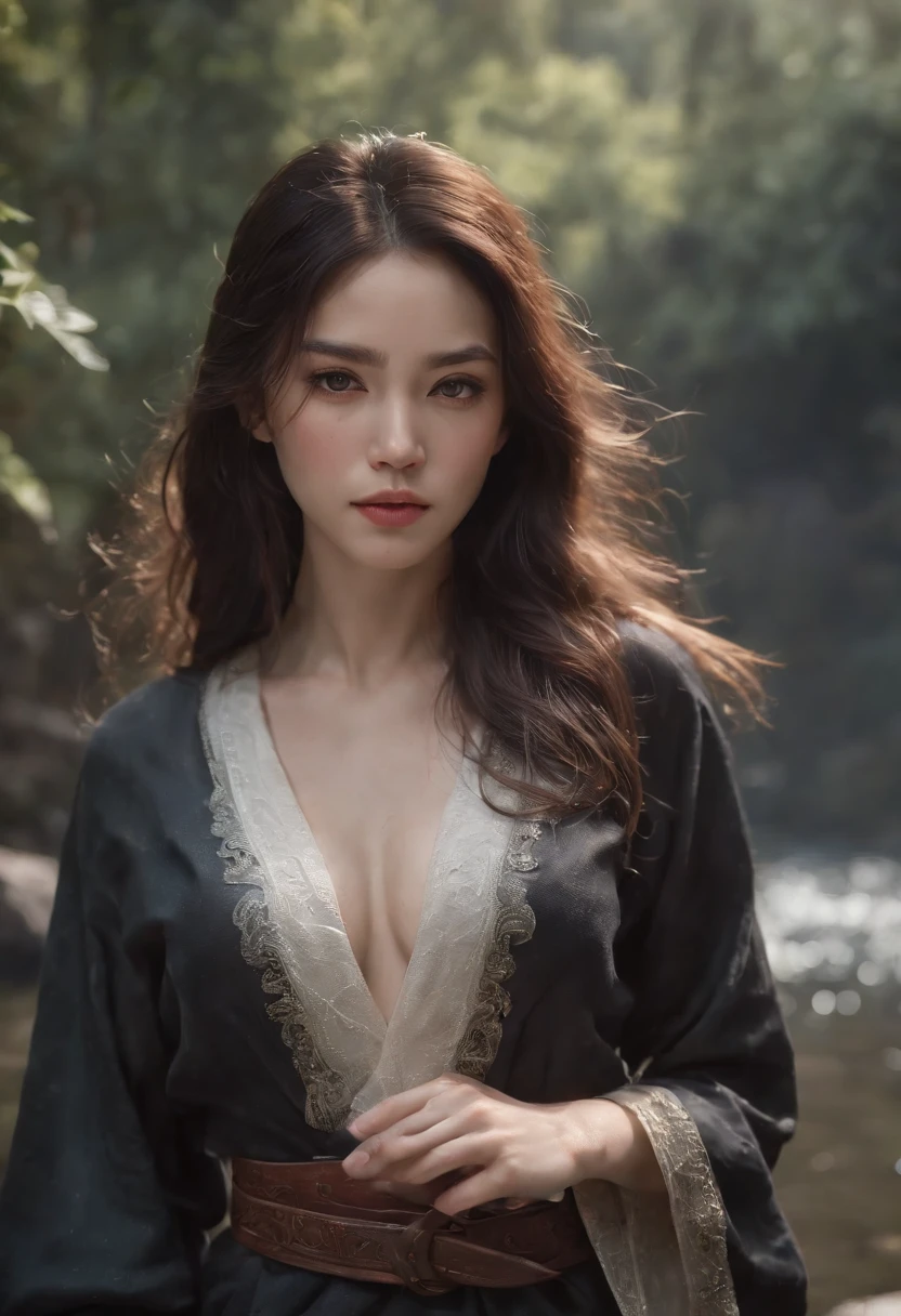 masterpiece, realistic, realism, photorealism, high contrast, photorealistic digital art trending on Artstation 8k HD high definition detailed realistic, 1girl,((water,water ring)), weapon, sword, solo, katana, holding, water, grey eyes, holding weapon, japanese clothes, holding sword, white hair, long hair, kimono, black hair, wide sleeves, long sleeves, lips, cowboy shot, black background, back, parted lips,art by artgerm and ruan jia and greg rutkowski surreal painting,detailed, skin texture, hyper-detailed, realistic skin texture,