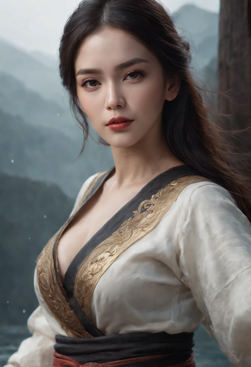 ((best quality)), ((masterpiece)), (detailed), 1girl, game of thrones, korean, black hair, beautiful, gown, lady, medival, fantasy, busty, big chested