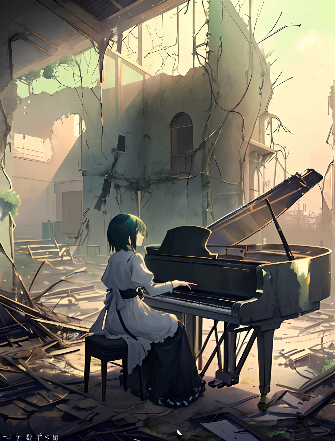Create exquisite illustrations reminiscent of Makoto Shinkai's style, It has ultra-fine details and top-notch quality. Create an illustration depicting a girl playing the piano in the ruins of a desolate town. A scene that exudes nostalgia and enchantment, Let the girls' music fill the air, Weaving a haunting melody that resonates with the echoes of the past. Dilapidated buildings and overgrown vegetation、Quite in contrast to the beauty of her music, Creating a poignant juxtaposition of hope in despair. This moment is、Capturing the enduring power of art、Stimulation and uplifting, Even in the most difficult conditions