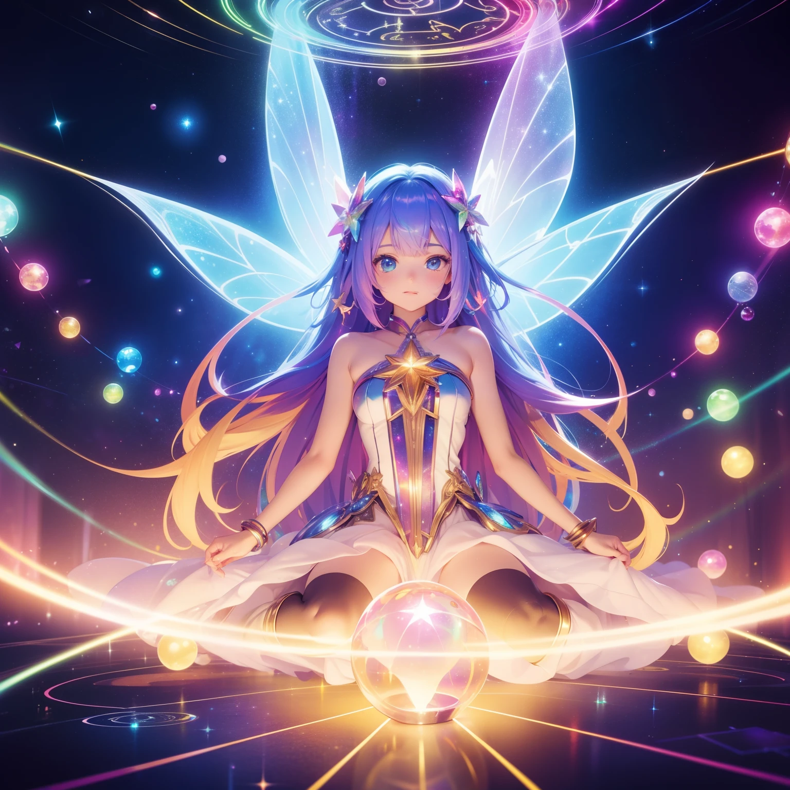 super high image, super detail, super high resolution, cute fairy, holofilm, translucent, iridescent, background fantasy, galaxy, magic circle, kaleidoscope, give off rainbow and gold neon light many lines radially from floor and ceiling, professional lighting