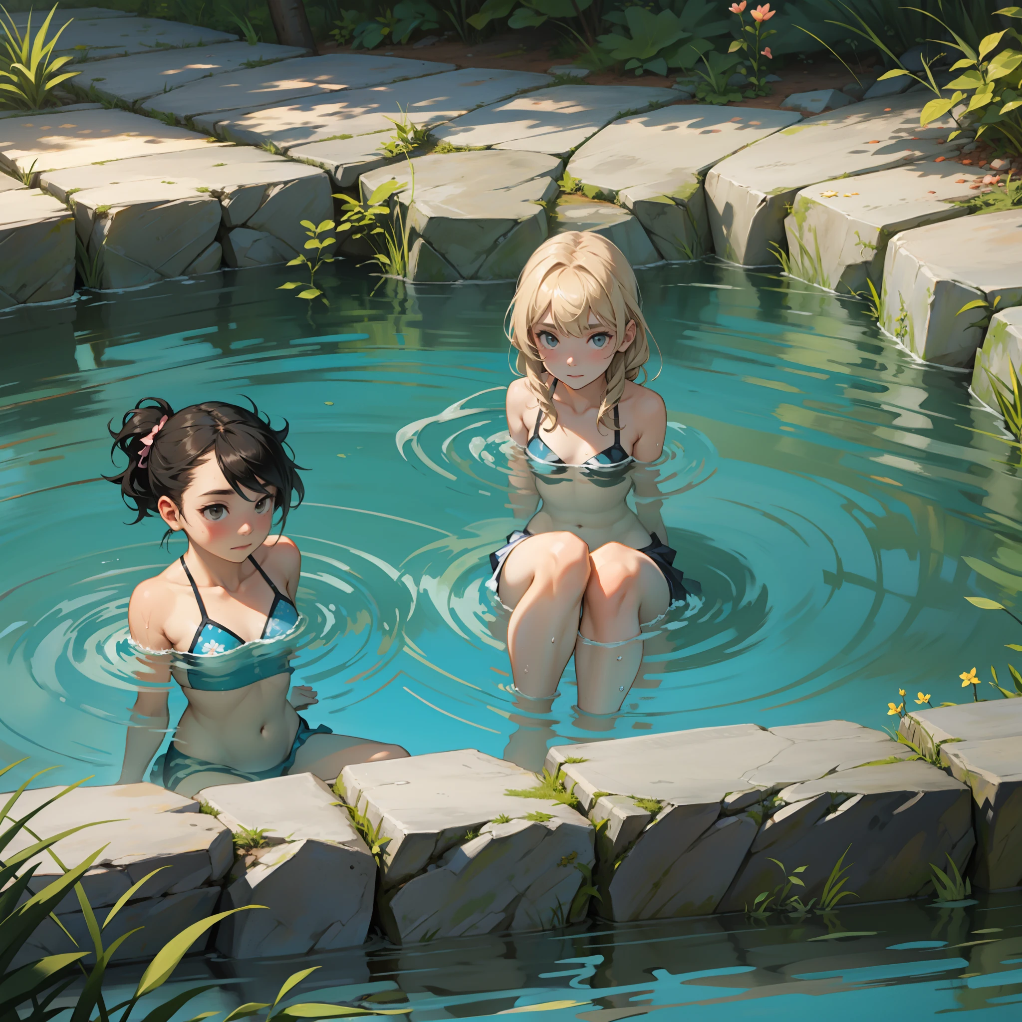 Two girls swimming together，Spring water，Small fish