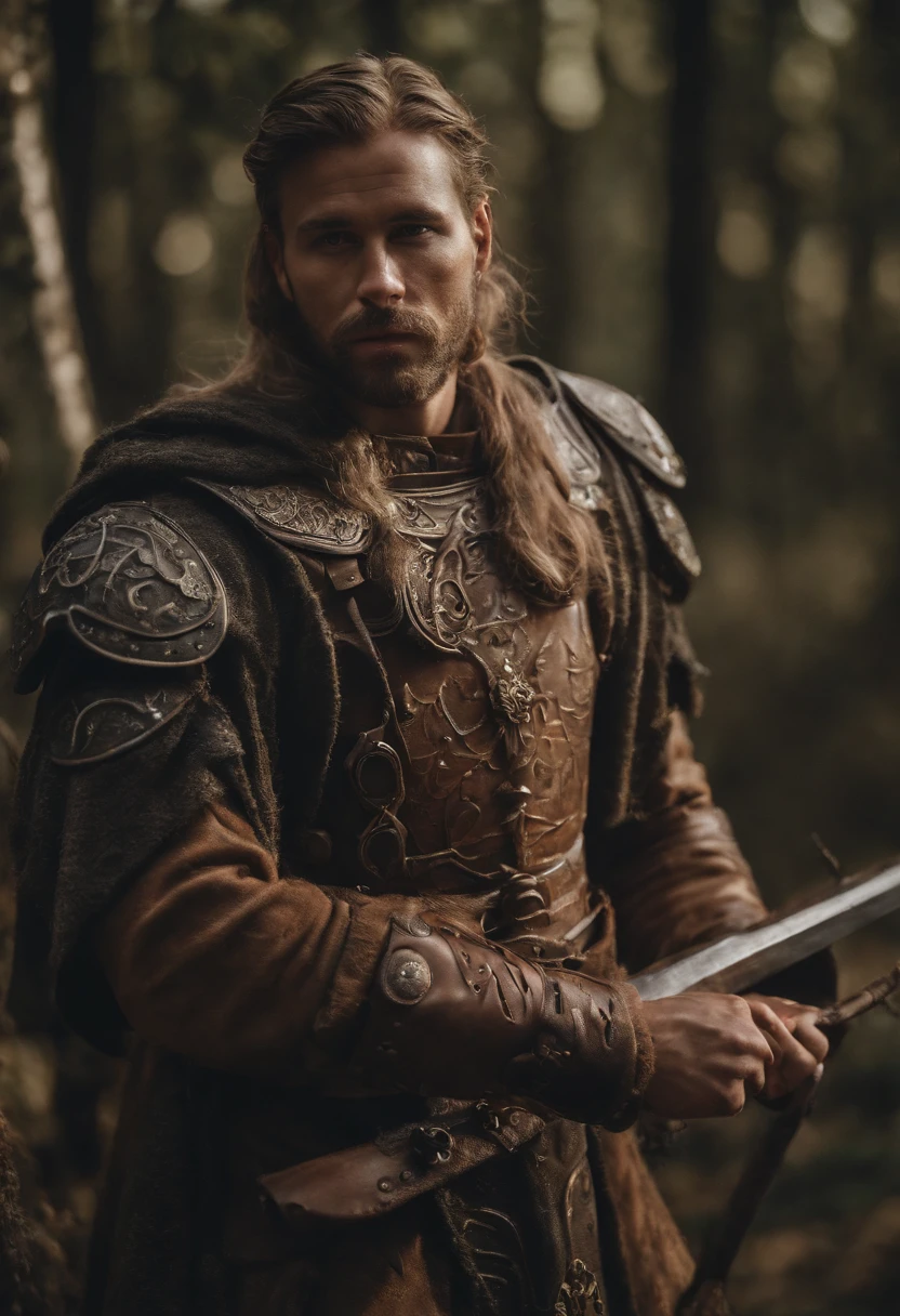 flower4rmor, photo of a swedish man wearing flower barbarian armor, fantasy medieval forest background, holding flower weapon, harness, pectorals, abs, realistic, masterpiece, intricate details, detailed background, depth of field,
