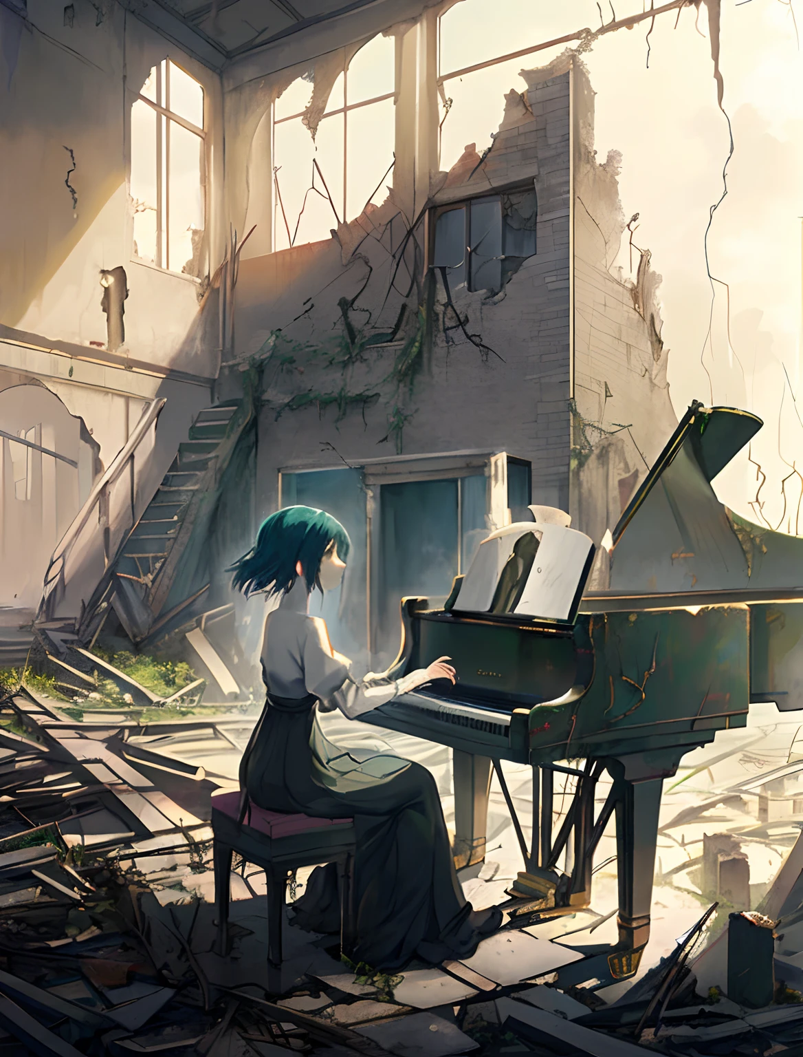 Create exquisite illustrations reminiscent of Makoto Shinkai's style, It has ultra-fine details and top-notch quality. Create an illustration depicting a girl playing the piano in the ruins of a desolate town. A scene that exudes nostalgia and enchantment, Let the girls' music fill the air, Weaving a haunting melody that resonates with the echoes of the past. Dilapidated buildings and overgrown vegetation、Quite in contrast to the beauty of her music, Creating a poignant juxtaposition of hope in despair. This moment is、Capturing the enduring power of art、Stimulation and uplifting, Even in the most difficult conditions