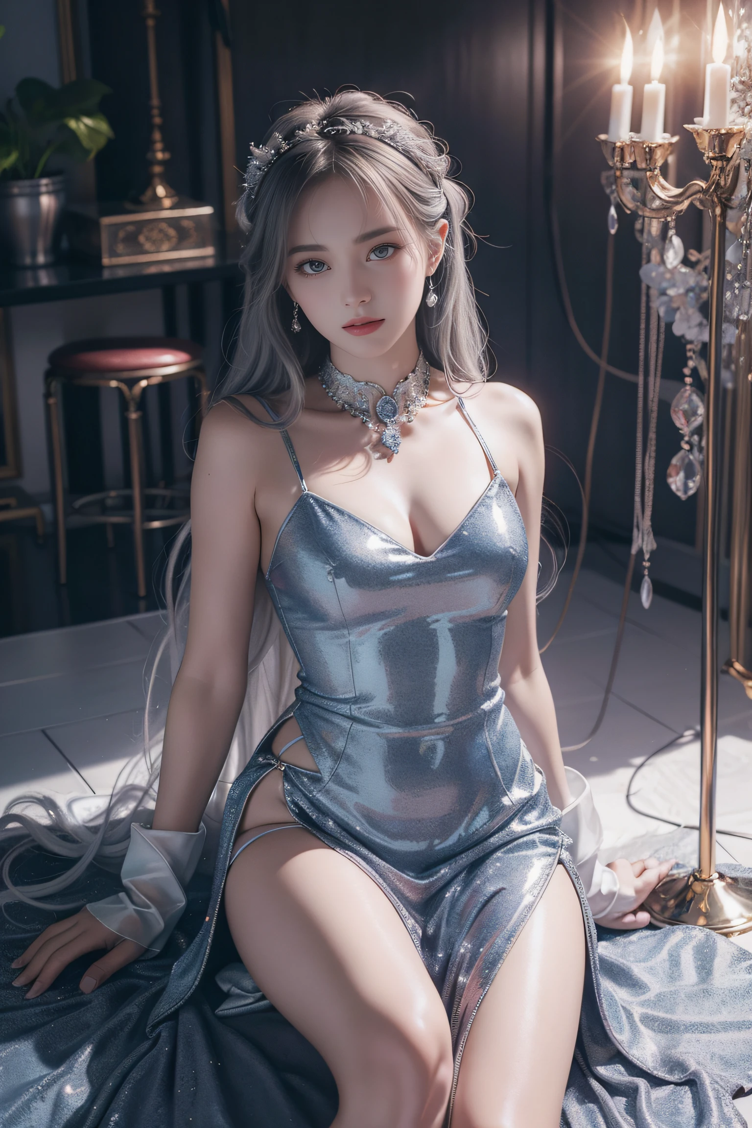 Top quality work,Photorealistic works,Ultra Premium Graphics,8K HD CG works,High-quality graphics,High-definition fine CG works,10x pixel,Ultra-fine details:1.1,Advanced technical details:1.1Photographically realistic,Indoor lighting effects:1.5,Natural light:1.5. light effect(Virtual Light Effects:1.8),超A high resolution,Shiny Blue Dress,Long silver hair,Silver hair,Transparent hair,High Detail Hair(Premium Hair Detail:1.1)Clear eyes,Good looking double eyelids,Sharp eye makeup, Delicate makeup for eyelashes, Thin eyebrows, ultradetailed eyes,High Nose, lovely red lips, Rose cheeks, Face with delicate makeup , Pretty Face, A perfectly proportioned face,(Advanced facial details:1.1)Collection of shiny blue luxury dresses,Blue Sequin Dresses,Sequin coat,shiny,Tight long skirt,Summer Sexy Hip Wrap Fishtail Sleeveless Commuter Maxi,Horse Stockings 100%Oil Gloss Panst Gloss Silk Luster 8D Black Silk Woman,stiletto heels,mitts,Beautiful long dresses,wonderful dress,Bright Red Series,Haute Couture Dresses Collection,Dress Photography,Authentic dress works,In the banquet hall,Women's Artwork,full-body view,Goddess of Dress,真实感,amazing,Today's eyes are bright