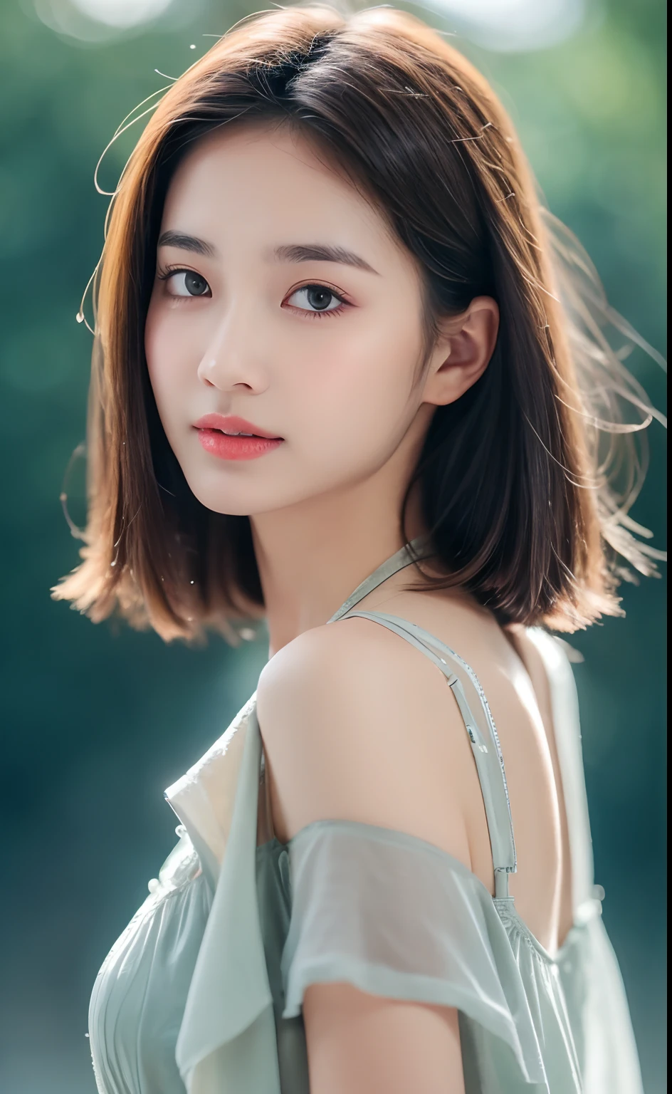 ((Best Quality, 8k, Masterpiece:1.3)), Focus: 1.2, Perfect Body Beauty: 1.4, Buttocks: 1.2, ((Layered Haircut)), (Wet Clothes: 1.1) , (Rain, Street:1.3), (Dress: 1.2), Highly detailed face and skin texture, Fine eyes, Double eyelids, Whitened skin, Long hair, (Shut up: 1.5), Bare shoulders, Shoulder close-up, (Bokeh background: 1.5)