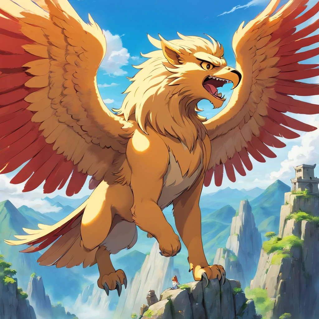 Gryphon, mythological creatures, Majestic, Powerful wings, Lion body, Eagle head, Fierce gaze, Sharp claws, feater, Golden beak, Large size, Flying, Mountains, Cloudy sky, Ancient ruins, Fantasy realm, mythological landscape, Epic, magical, mythological creatures, mythological beasts, Fierce, Mythical monsters