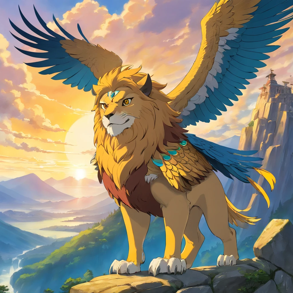 Gryphon, mythological creatures, Majestic, Powerful wings, Lion body, Eagle head, Fierce gaze, Sharp claws, feater, Golden beak, Large size, Flying, Mountains, Cloudy sky, Ancient ruins, Fantasy realm, mythological landscape, Epic, magical, mythological creatures, mythological beasts, Fierce, Mythical monsters