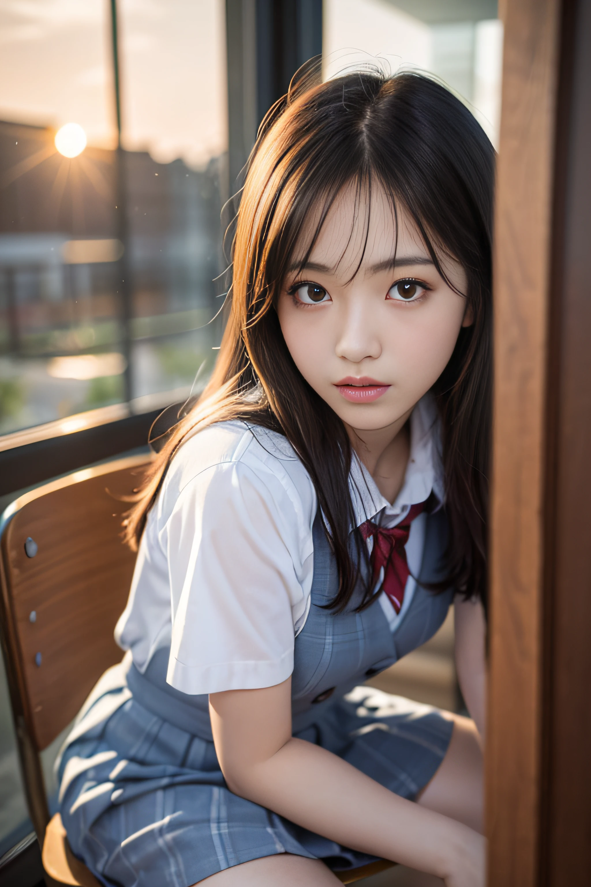 top-quality、hight resolution、ultra-detailliert、masterpiece、Raw photography:2、realisitic:2、Photorealsitic:2、extremely delicate and beautiful、finely detail、Textured skin、1girl in、japanes、 (Solo)、(Chest Up Shot)、18-year-old schoolgirl、(Sitting on a school chair by the window)、She's looking at this、Sunset hits、(Super beautiful girl:1.5)、(A detailed face)、Adult face、Bare legs、Brown hair、(School uniform)、highschool、crass room、School Desks and Chairs