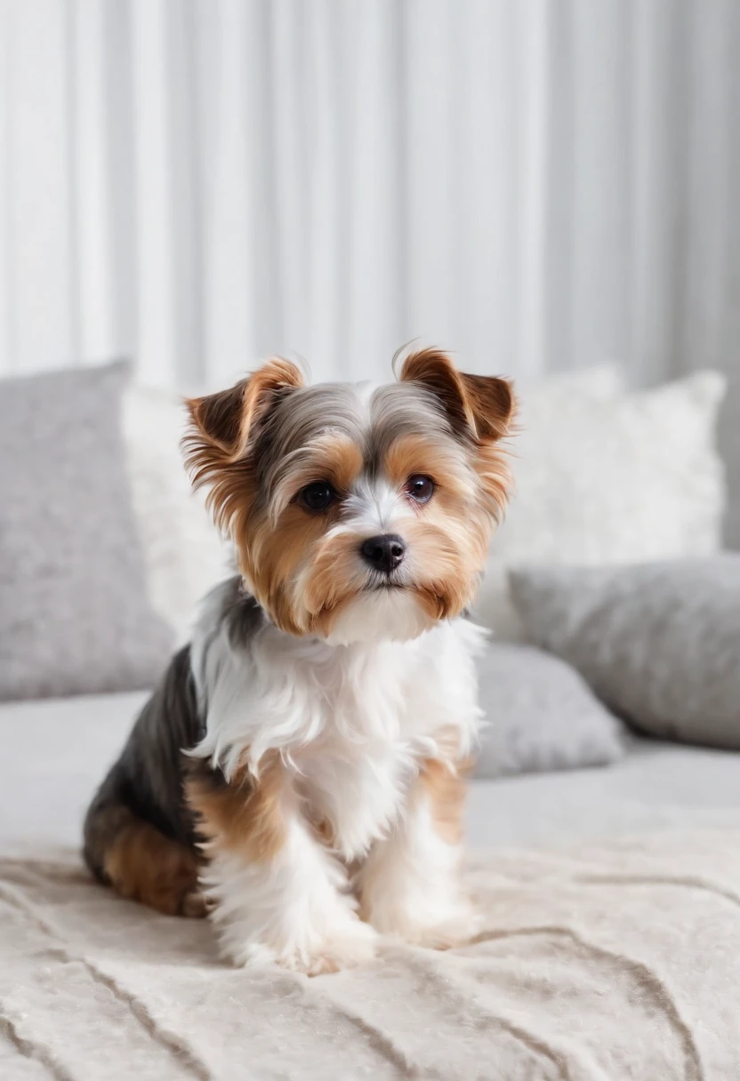 Biewer Terrier a la pom pom seguranso um papel em branco