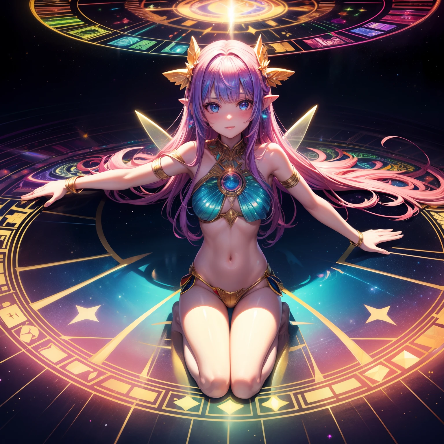 super high image, super detail, super high resolution, cute fairy, holofilm, translucent, iridescent, background fantasy, galaxy, magic circle, kaleidoscope, give off rainbow and gold neon light many lines radially from floor and ceiling, professional lighting