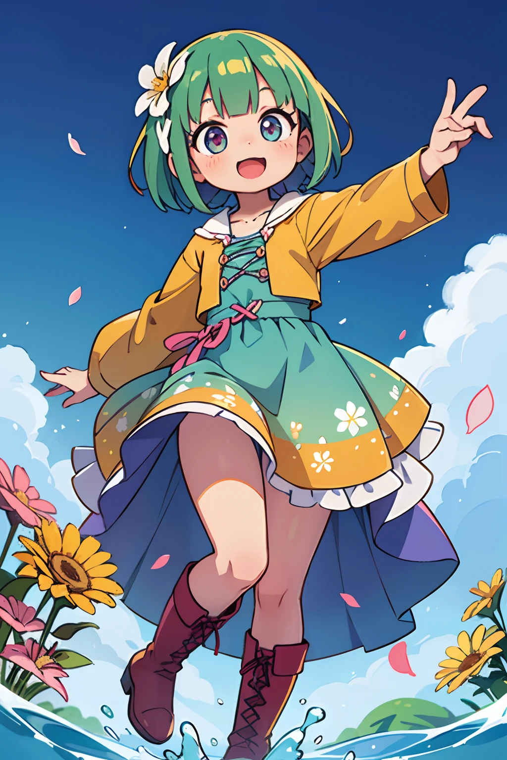 Stand in front of the photo、1girl in,Full body,a short bob, rainbow color Hair,long boots,Open mouth and big smile、Water droplets on the cheeks、kawaii pose、Flowing iridescent silk、up of face、Eye Up、Colorcon with heart pattern、Floral dress、There are flowers even in front of you、flower petals、season!!: springtime☀ 🍂
