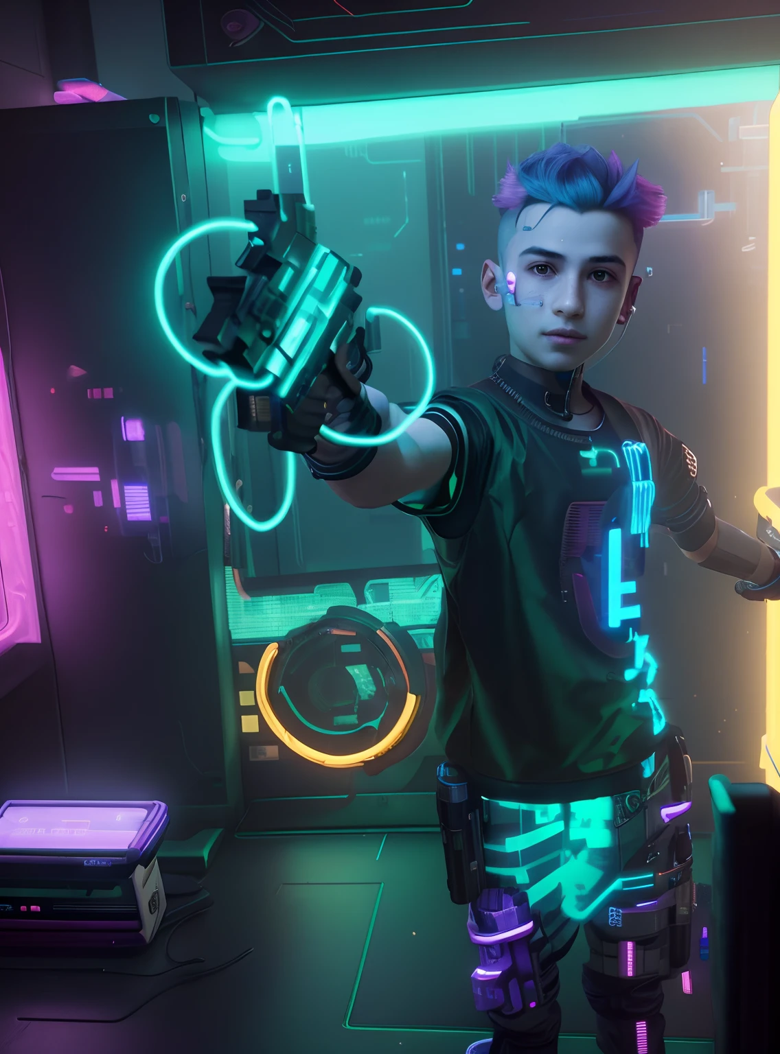 arafed boy in a neon room holding a gun, muted cyberpunk style, hyper-realistic cyberpunk style, cyberpunk with neon lighting, cyberpunk art style, bright cyberpunk glow, a teen cyberpunk cyborg, cyberpunk style color, cyberpunk vibe, cyberpunk artstyle, in cyber punk 2077, cyberpunk childrens bedroom, in cyberpunk style, cyberpunk vibrant colors