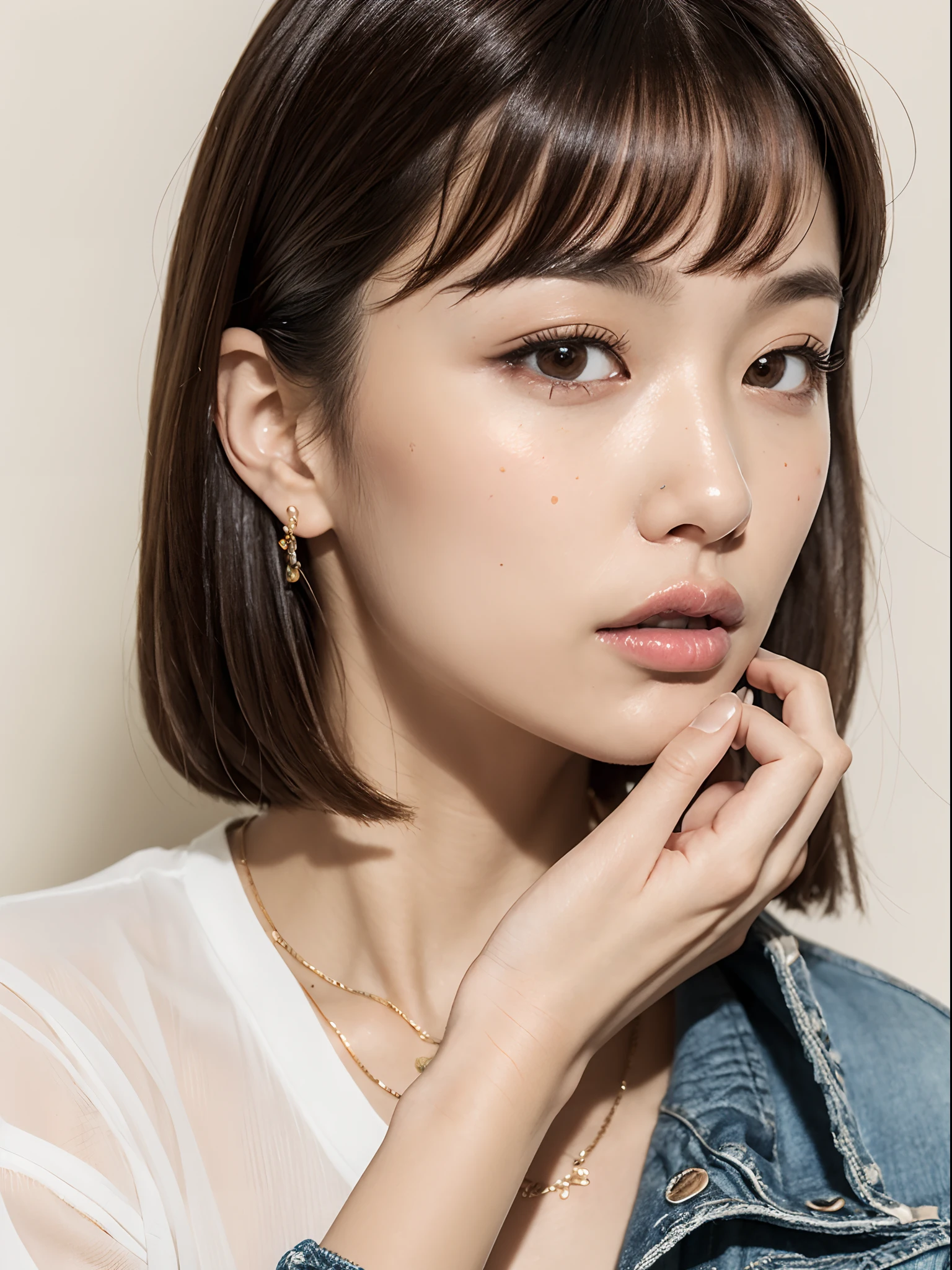 ((highest quality, 8k, masterpiece: 1.3)), sharp: 1.2, perfect body beauty: 1.4, slim abs: 1.2, ((layered hairstyles, big breasts: 1.2)), (濡れた White Button Long Shirt: 1.1), (nude: 1.2), face close up: 1.5, Highly detailed face and skin texture, fine eyes, double eyelid, profile looking at camera