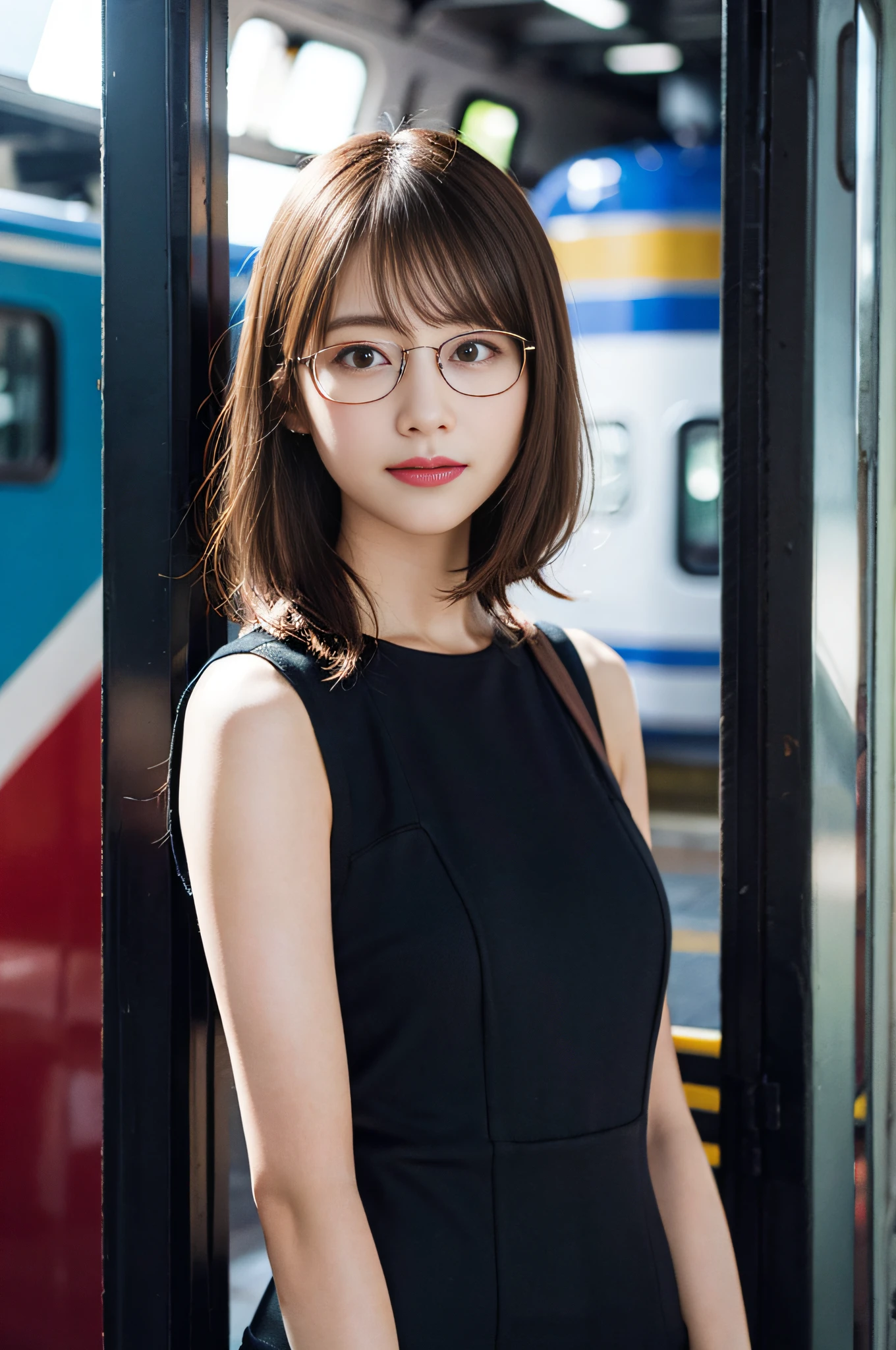 (in 8K、Raw photography、top-quality、​masterpiece)、(realisitic、Photorealsitic)、ultra-detailliert、超A high resolution、女の子1人、see the beholder、beautifull detailed face、a smile、Constriction、short-cut、Beautiful detailed skin、Skin Texture、Professional Lighting、Wait for the platform train、Square glasses with black rimming 、Whole human body、from the thighs up