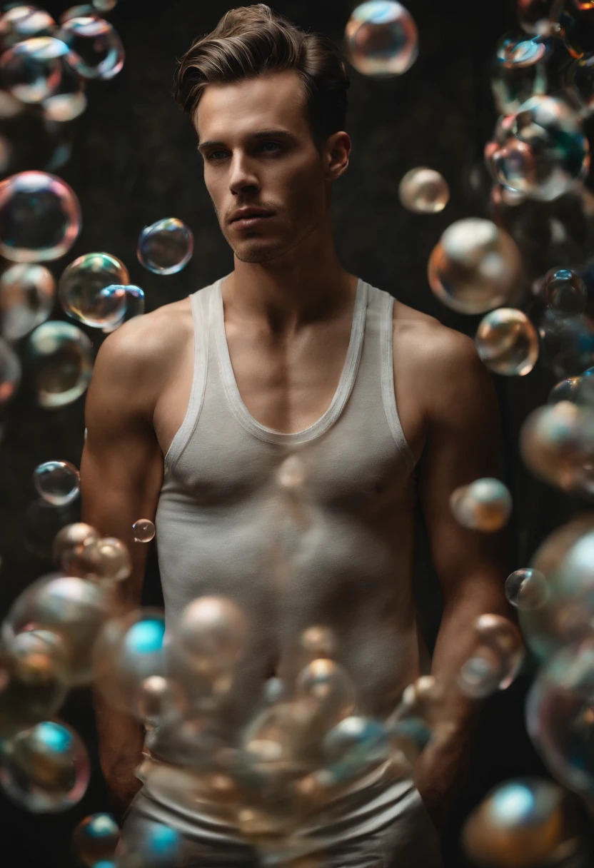 Create an avant-garde photograph featuring a male model in an otherworldly setting. The model should be surrounded by a mesmerizing array of floating bubbles, each reflecting different colors and patterns. The lighting should be dynamic and experimental, casting intriguing shadows and highlights on the model's face and body. Capture a sense of surreal beauty and wonder in this artistic composition, nude, flaccid, large penis, realistic, masterpiece, intricate details, detailed background, depth of field,