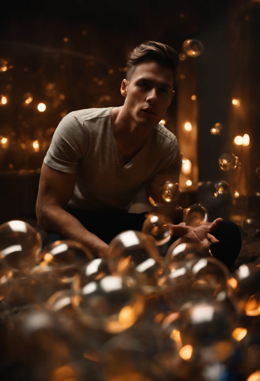 Create an avant-garde photograph featuring a male model in an otherworldly setting. The model should be surrounded by a mesmerizing array of floating bubbles, each reflecting different colors and patterns. The lighting should be dynamic and experimental, casting intriguing shadows and highlights on the model's face and body. Capture a sense of surreal beauty and wonder in this artistic composition, nude, flaccid, large penis, realistic, masterpiece, intricate details, detailed background, depth of field,