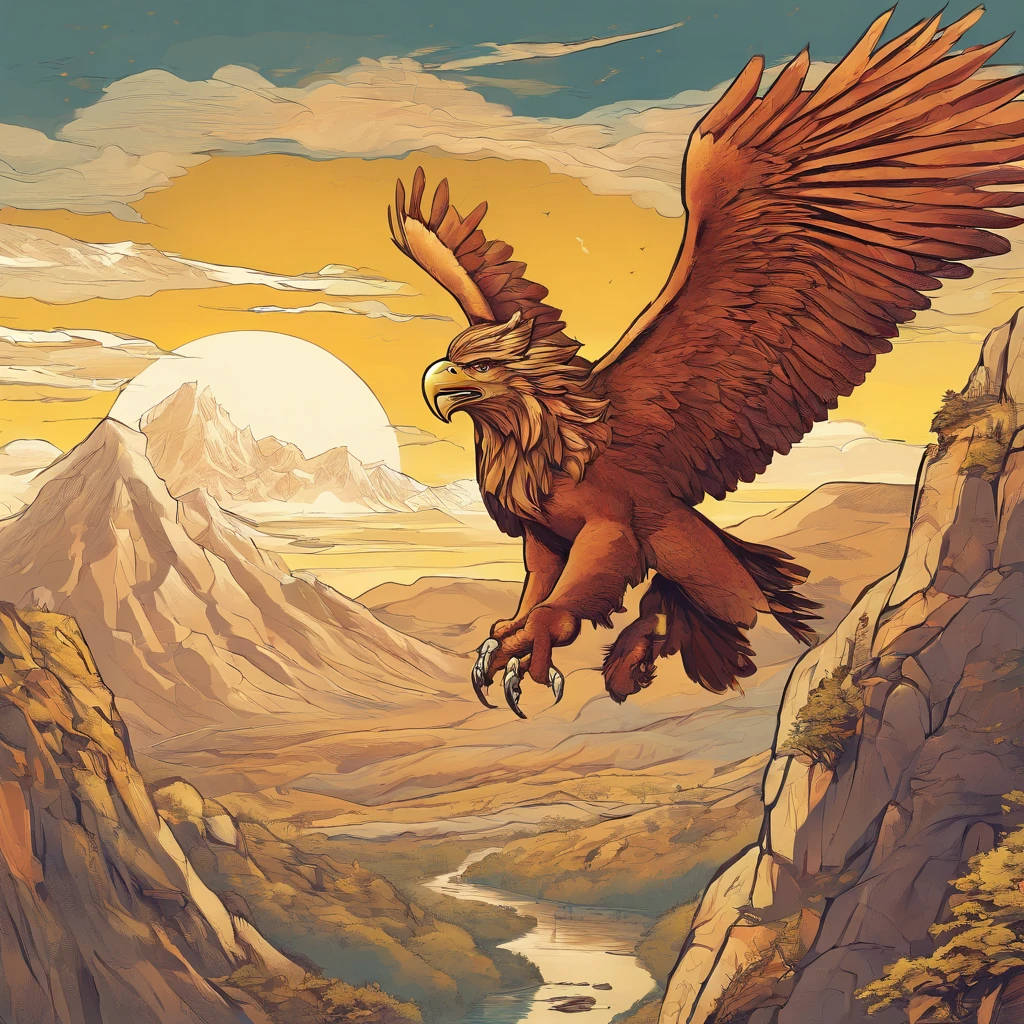 Gryphon, mythological creatures, Majestic, Powerful wings, Lion body, Eagle head, Fierce gaze, Sharp claws, feater, Golden beak, Large size, Flying, Mountains, Cloudy sky, Ancient ruins, Fantasy realm, mythological landscape, Epic, magical, mythological creatures, mythological beasts, Fierce, Mythical monsters