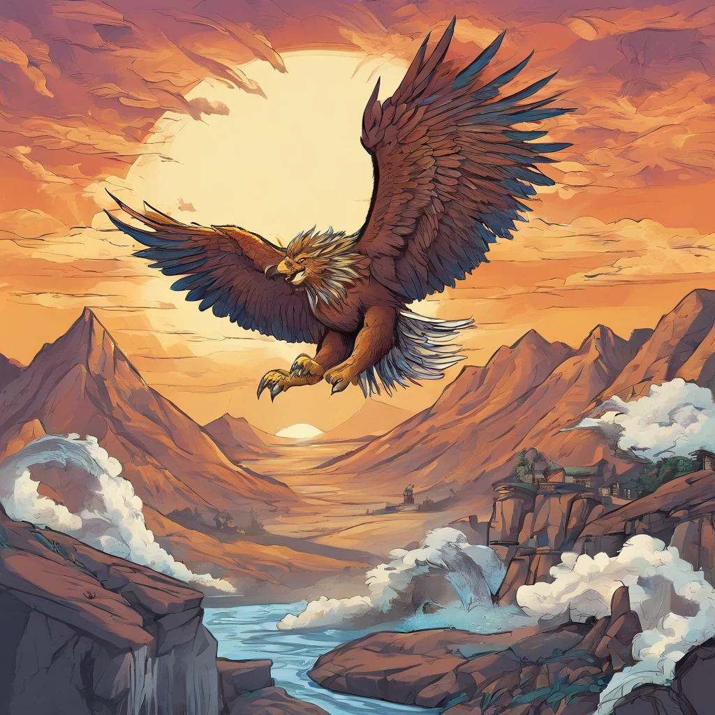 Gryphon, mythological creatures, Majestic, Powerful wings, Lion body, Eagle head, Fierce gaze, Sharp claws, feater, Golden beak, Large size, Flying, Mountains, Cloudy sky, Ancient ruins, Fantasy realm, mythological landscape, Epic, magical, mythological creatures, mythological beasts, Fierce, Mythical monsters