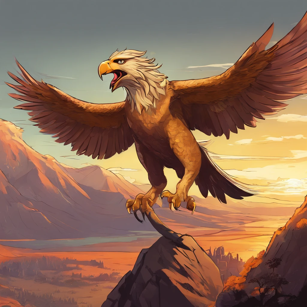 Gryphon, mythological creatures, Majestic, Powerful wings, Lion body, Eagle head, Fierce gaze, Sharp claws, feater, Golden beak, Large size, Flying, Mountains, Cloudy sky, Ancient ruins, Fantasy realm, mythological landscape, Epic, magical, mythological creatures, mythological beasts, Fierce, Mythical monsters