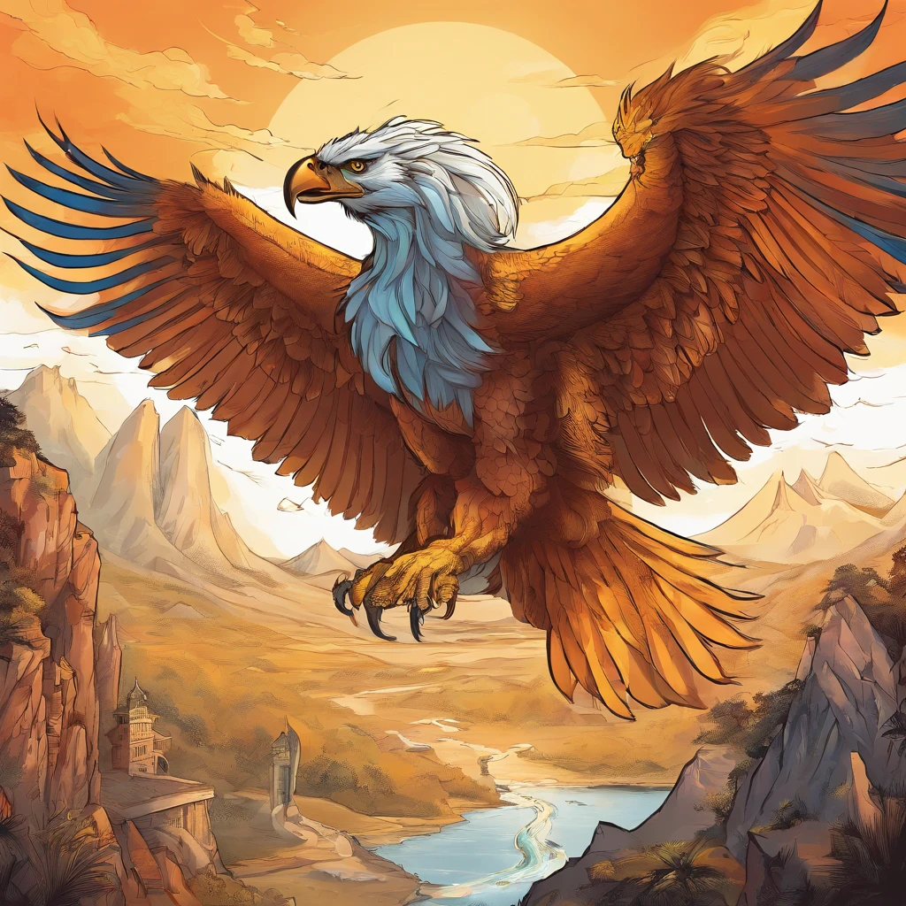Gryphon, mythological creatures, Majestic, Powerful wings, Lion body, Eagle head, Fierce gaze, Sharp claws, feater, Golden beak, Large size, Flying, Mountains, Cloudy sky, Ancient ruins, Fantasy realm, mythological landscape, Epic, magical, mythological creatures, mythological beasts, Fierce, Mythical monsters