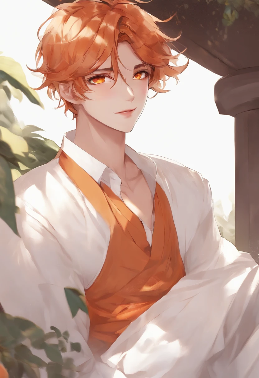 man (male), orange eyes, white-toned skin, short dark orange hair, white shirt, waist-length sweater, loose pants, simple background, anime, fantasy.