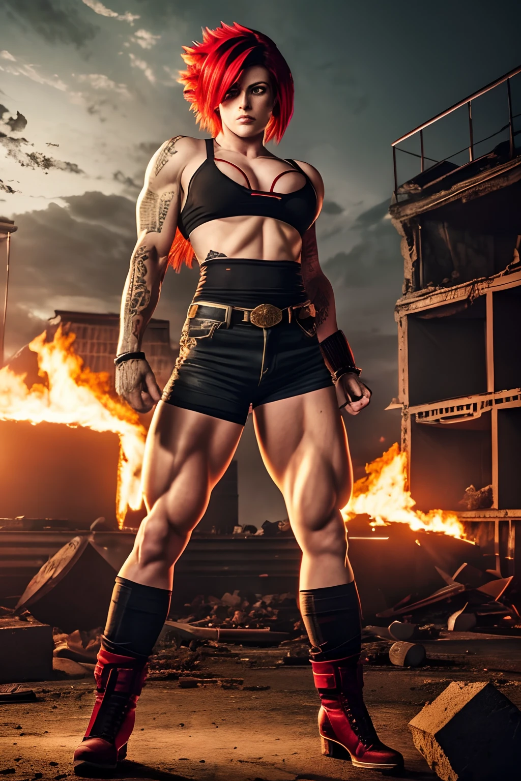 Brody Dalle with red long hair (super saiyan) and a really big muscular body (like a bodybuilder body) wearing red militar pants and a black top, without tatoos and tiger stripes in her skin and a big nude breast in a destroyed city, cinematic, dramatic lighting, 4K, 8K, HD
