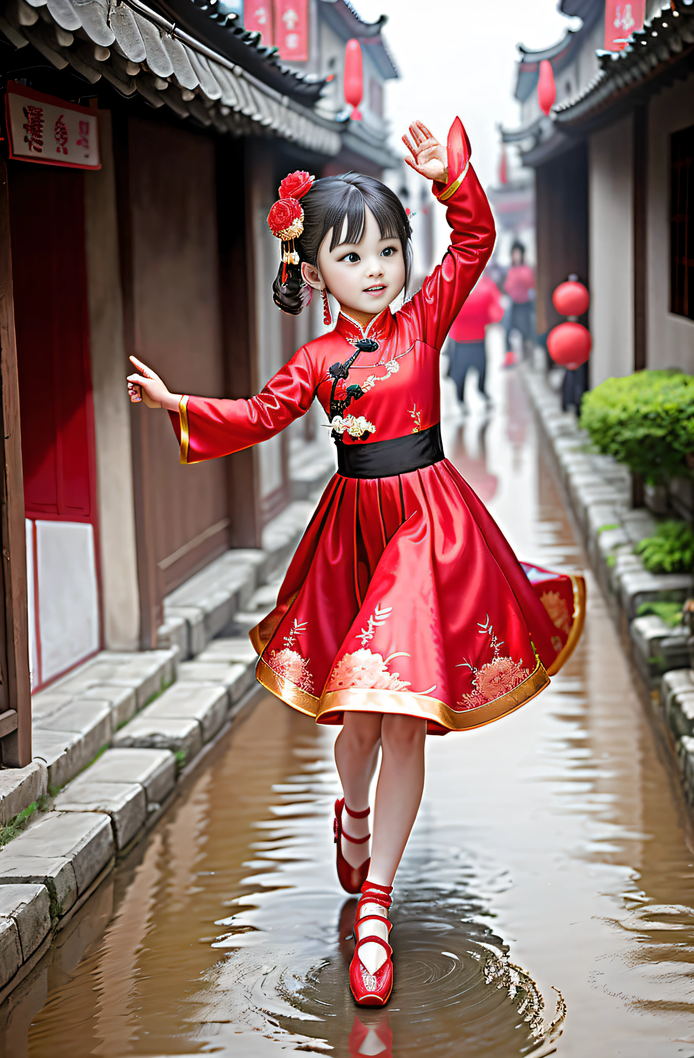 The background is the street dancing on the ground,There is no water