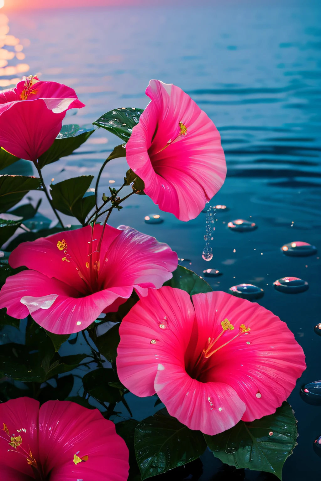 hibiscus Moon with water drops,neon glow, random background, sun rise, bokha mood