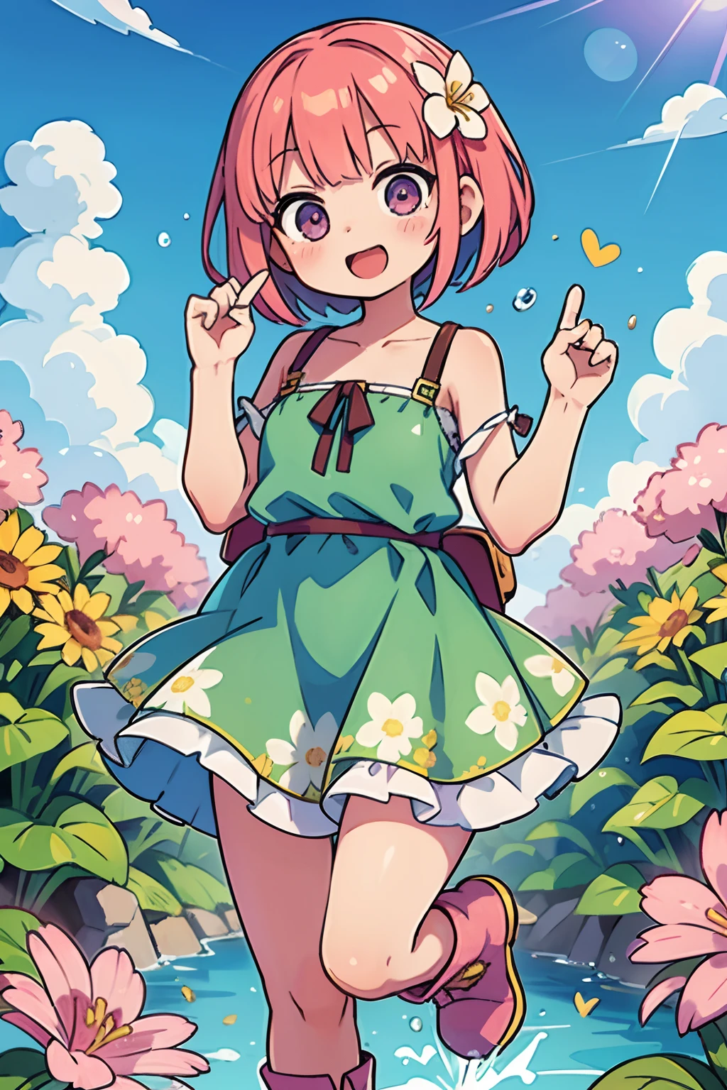 Stand in front of the photo、1girl in,Full body,a short bob, rainbow color Hair,long boots,Open mouth and big smile、Water droplets on the cheeks、kawaii pose、Flowing iridescent silk、up of face、Eye Up、Colorcon with heart pattern、Floral dress、There are flowers even in front of you、flower petals、season!!: springtime☀ 🍂