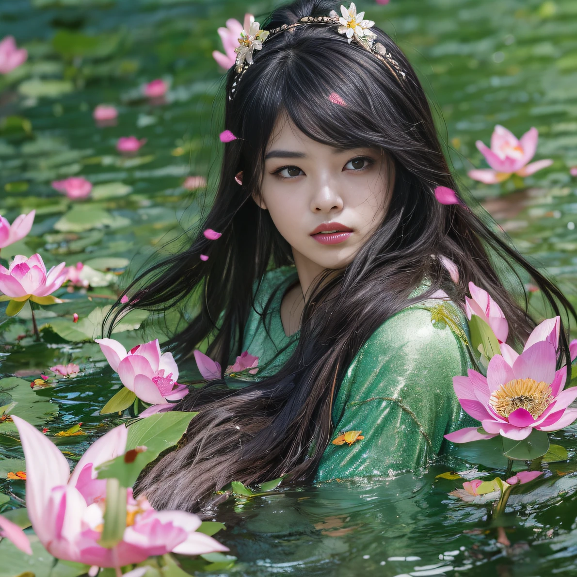 32K(tmasterpiece,k hd,hyper HD,32K)Long flowing black hair,ponds,zydink, a color, Aozhou people (Concubine girl), (Purple silk scarf), Combat posture, looking at the ground, long whitr hair, Floating hair, Carp pattern headdress, Chinese long-sleeved clothing, (Abstract gouache splash:1.2), Pink petal background,Pink and white lotus flowers fly(realisticlying:1.4),Black color hair,Fallen leaves flutter,The background is pure, A high resolution, the detail, RAW photogr, Sharp Re, Nikon D850 Film Stock Photo by Jefferies Lee 4 Kodak Portra 400 Camera F1.6 shots, Rich colors, ultra-realistic vivid textures, Dramatic lighting, Unreal Engine Art Station Trend, cinestir 800,Long flowing black hair,Denim skirt