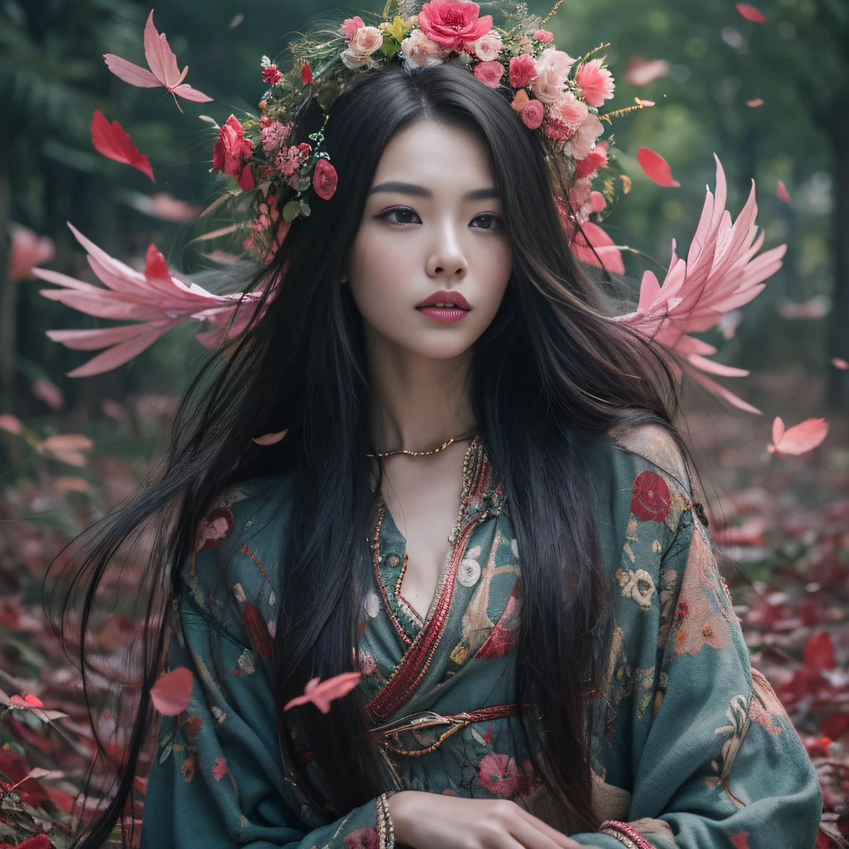 32K(tmasterpiece,k hd,hyper HD,32K)Long flowing black hair,ponds,zydink, a color, Aozhou people (Concubine girl), (Purple silk scarf), Combat posture, looking at the ground, long whitr hair, Floating hair, Carp pattern headdress, Chinese long-sleeved clothing, (Abstract gouache splash:1.2), Pink petal background,Pink and white lotus flowers fly(realisticlying:1.4),Black color hair,Fallen leaves flutter,The background is pure, A high resolution, the detail, RAW photogr, Sharp Re, Nikon D850 Film Stock Photo by Jefferies Lee 4 Kodak Portra 400 Camera F1.6 shots, Rich colors, ultra-realistic vivid textures, Dramatic lighting, Unreal Engine Art Station Trend, cinestir 800,Long flowing black hair,Denim skirt