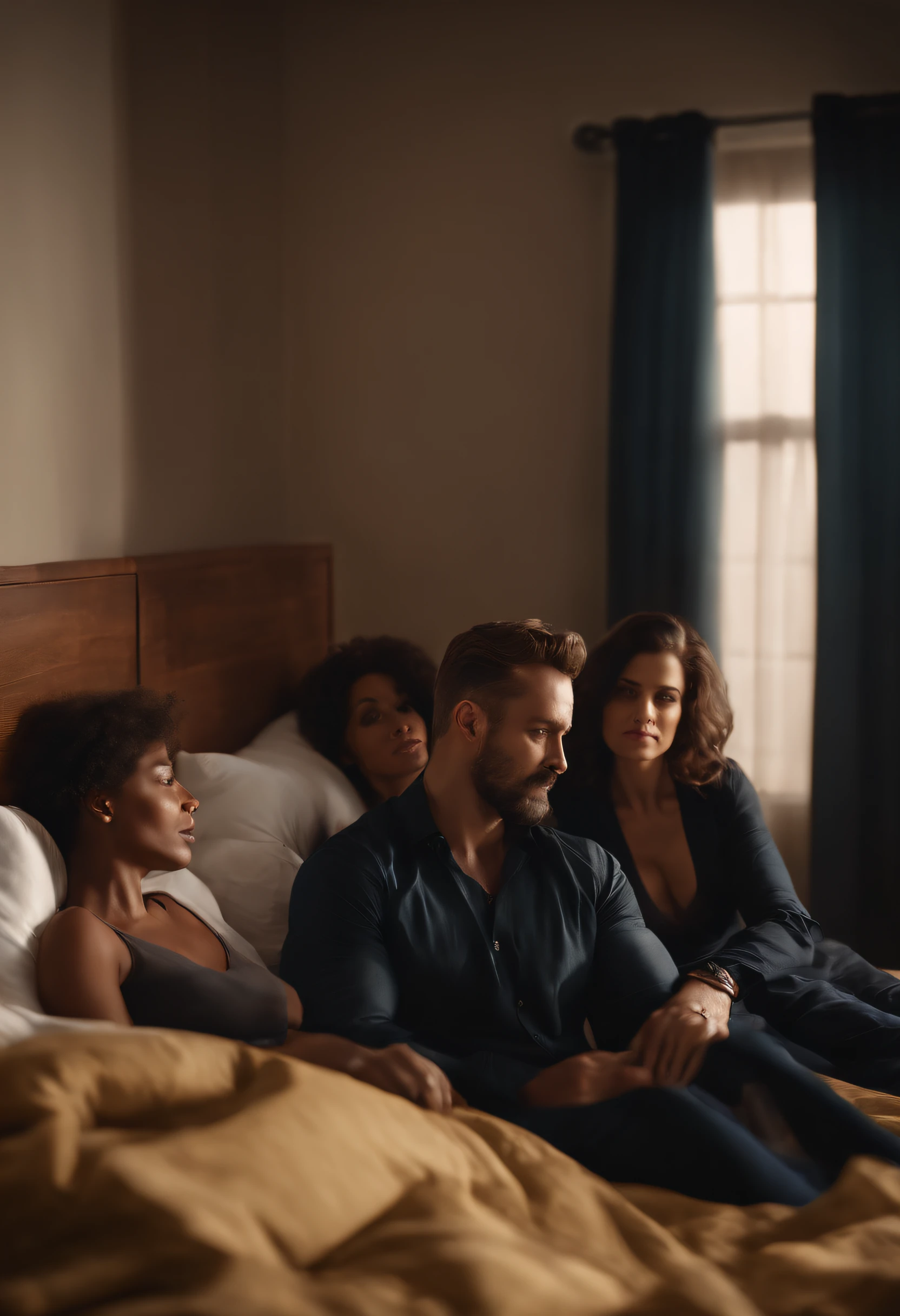 A strong man, in bed with three women, full body wide shot,
(8K, photo, masterpiece), (best quality), (best shadows), ultra high resolution, 8K wallpaper, physics-based rendering, photo, realistic, realism, high contrast, hyper realism, photo, f1. 6 lens, extreme colors, hyper realism, realistic texture, (Cinestill 800), (detailed face, ), nsfw