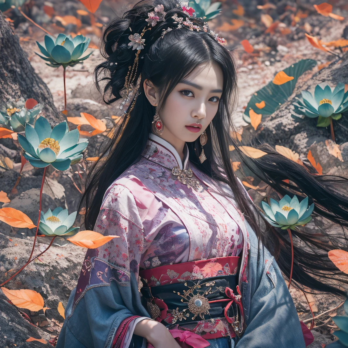 32K（tmasterpiece，k hd，hyper HD，32K）Long flowing black hair，ponds，zydink， a color， Aozhou people （Concubine girl）， （Purple silk scarf）， Combat posture， looking at the ground， long whitr hair， Floating hair， Carp pattern headdress， Chinese long-sleeved clothing， （Abstract gouache splash：1.2）， Pink petal background，Pink and white lotus flowers fly（realisticlying：1.4），Black color hair，Fallen leaves flutter，The background is pure， A high resolution， the detail， RAW photogr， Sharp Re， Nikon D850 Film Stock Photo by Jefferies Lee 4 Kodak Portra 400 Camera F1.6 shots, Rich colors, ultra-realistic vivid textures, Dramatic lighting, Unreal Engine Art Station Trend, cinestir 800，Long flowing black hair，Denim skirt