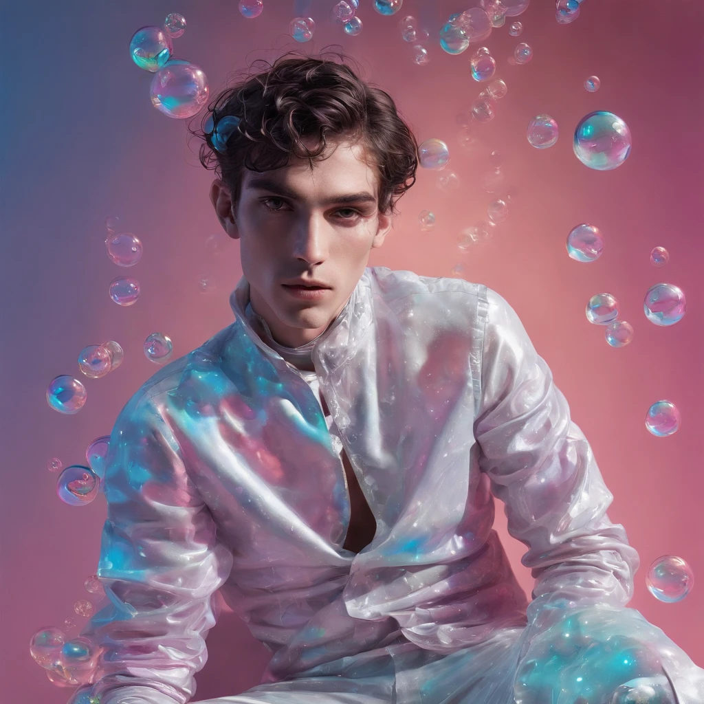 Create an avant-garde photograph featuring a male model in an otherworldly setting. The model should be surrounded by a mesmerizing array of floating bubbles, each reflecting different colors and patterns. The lighting should be dynamic and experimental, casting intriguing shadows and highlights on the model's face and body. Capture a sense of surreal beauty and wonder in this artistic composition, nude, flaccid, large penis, realistic, masterpiece, intricate details, detailed background, depth of field,
