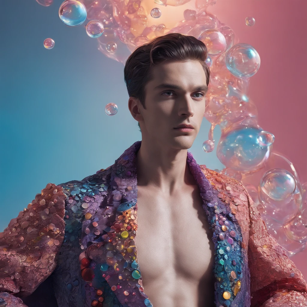 Create an avant-garde photograph featuring a male model in an otherworldly setting. The model should be surrounded by a mesmerizing array of floating bubbles, each reflecting different colors and patterns. The lighting should be dynamic and experimental, casting intriguing shadows and highlights on the model's face and body. Capture a sense of surreal beauty and wonder in this artistic composition, nude, flaccid, large penis, realistic, masterpiece, intricate details, detailed background, depth of field,