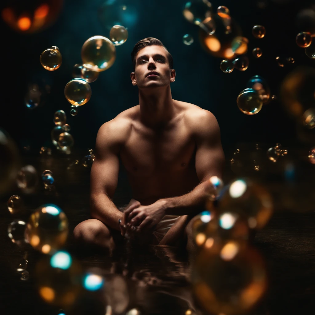 Create an avant-garde photograph featuring a male model in an otherworldly setting. The model should be surrounded by a mesmerizing array of floating bubbles, each reflecting different colors and patterns. The lighting should be dynamic and experimental, casting intriguing shadows and highlights on the model's face and body. Capture a sense of surreal beauty and wonder in this artistic composition, nude, flaccid, large penis, realistic, masterpiece, intricate details, detailed background, depth of field,